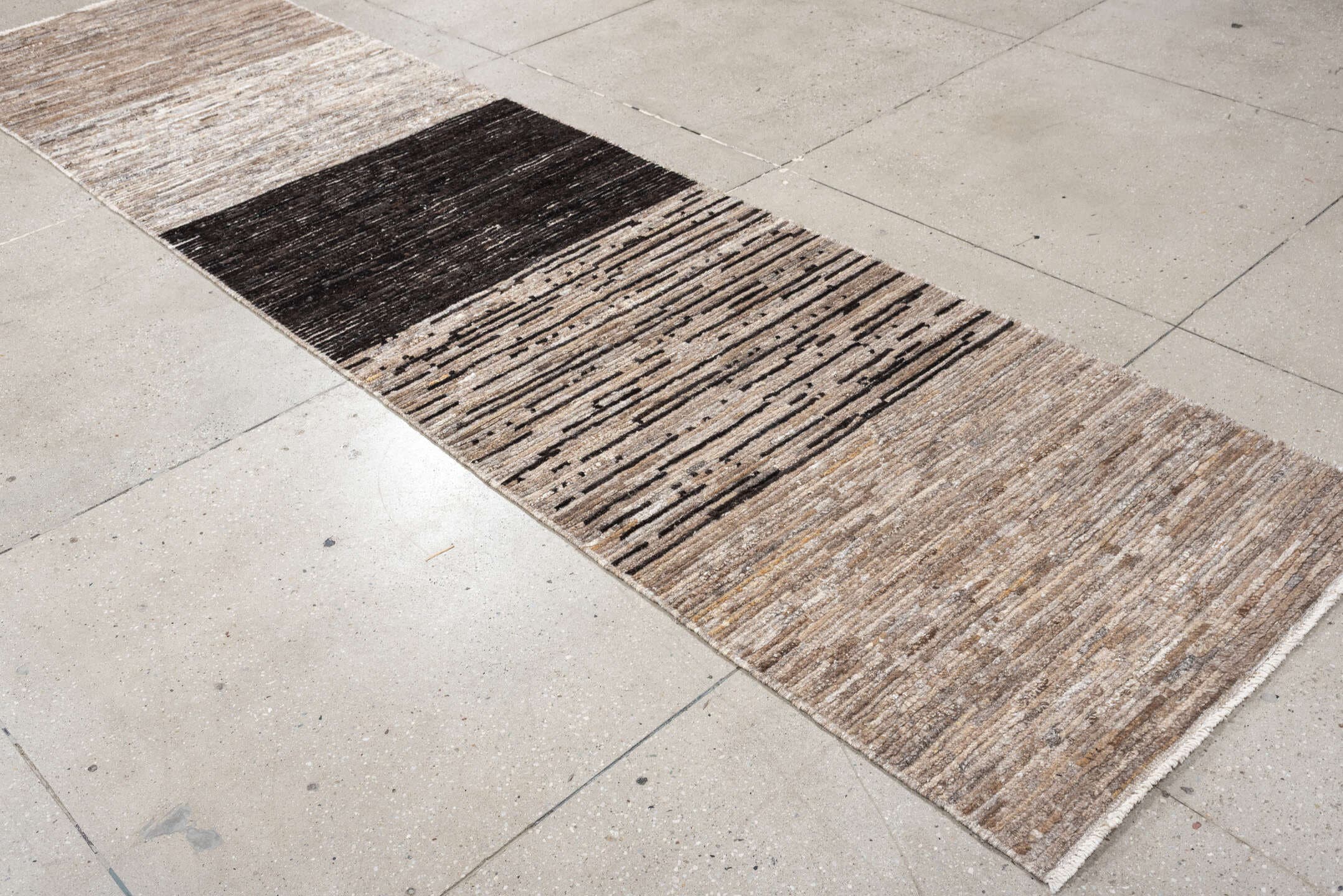 3' x 12' one-of-a-kind handmade vintage Tulu runner rug. Color palette: taupe, ivory, charcoal, cream, brown, greige, beige