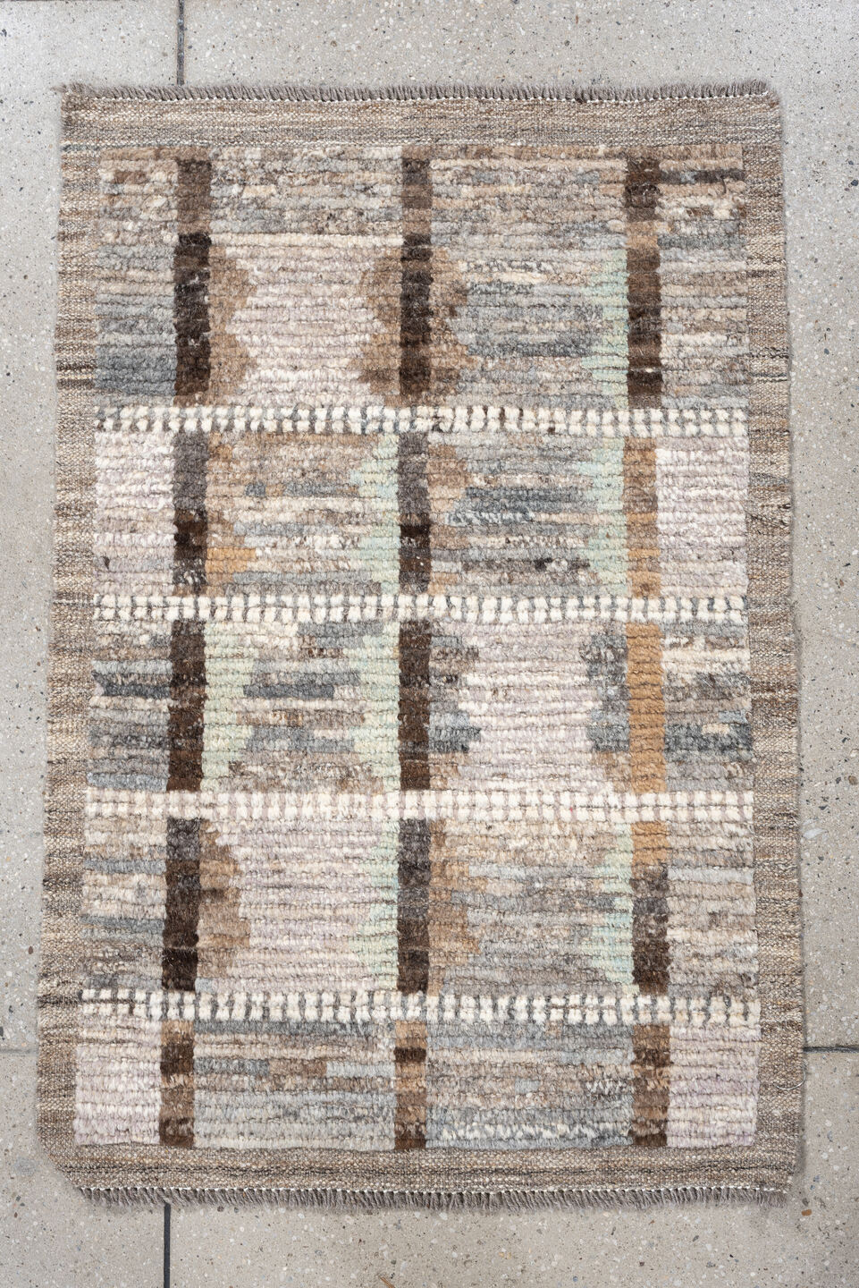 2' x 3' one-of-a-kind handmade vintage Tulu small size rug. Color palette: ivory, taupe, gray, brown, camel, celadon