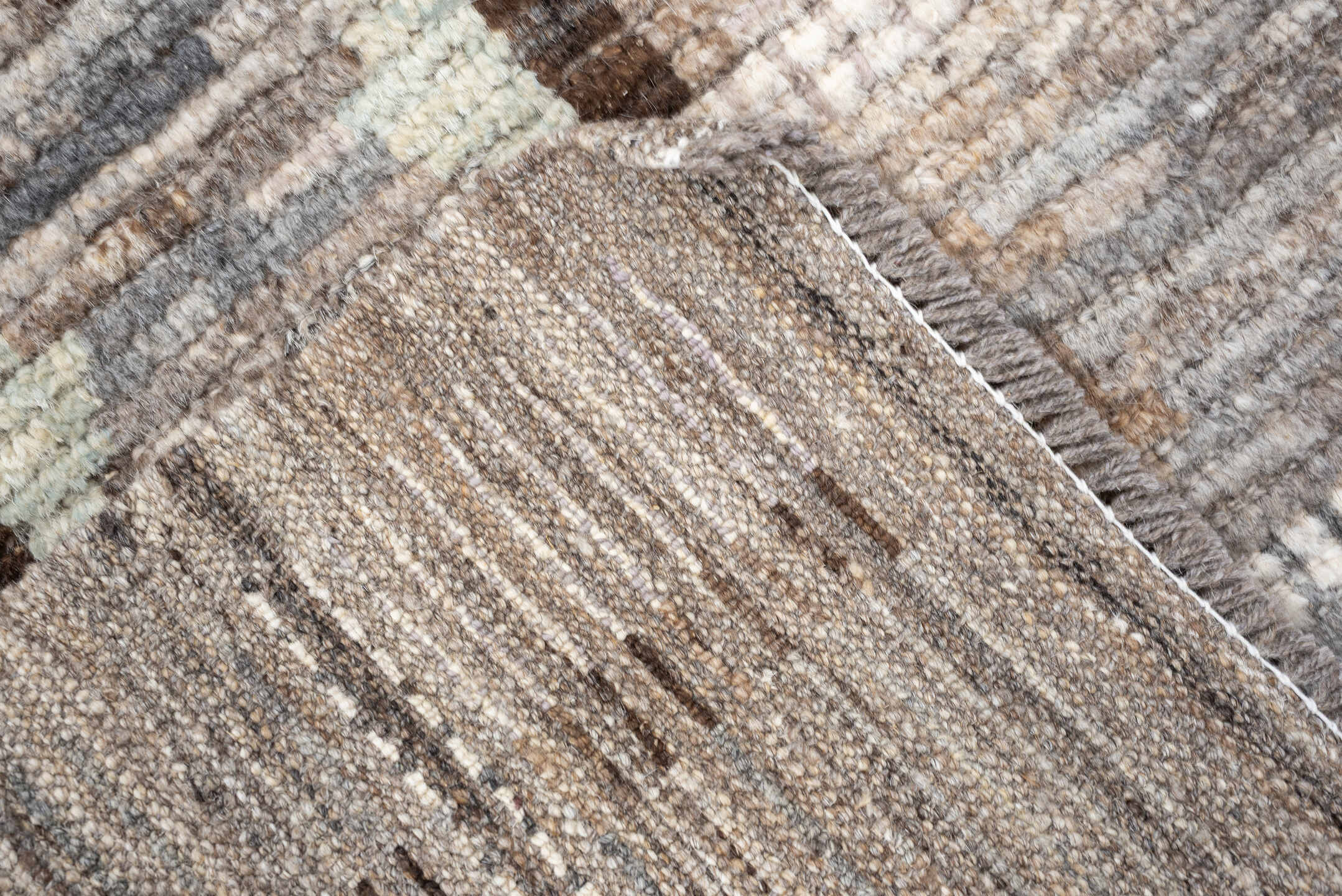 2' x 3' one-of-a-kind handmade vintage Tulu small size rug. Color palette: ivory, taupe, gray, brown, camel, celadon