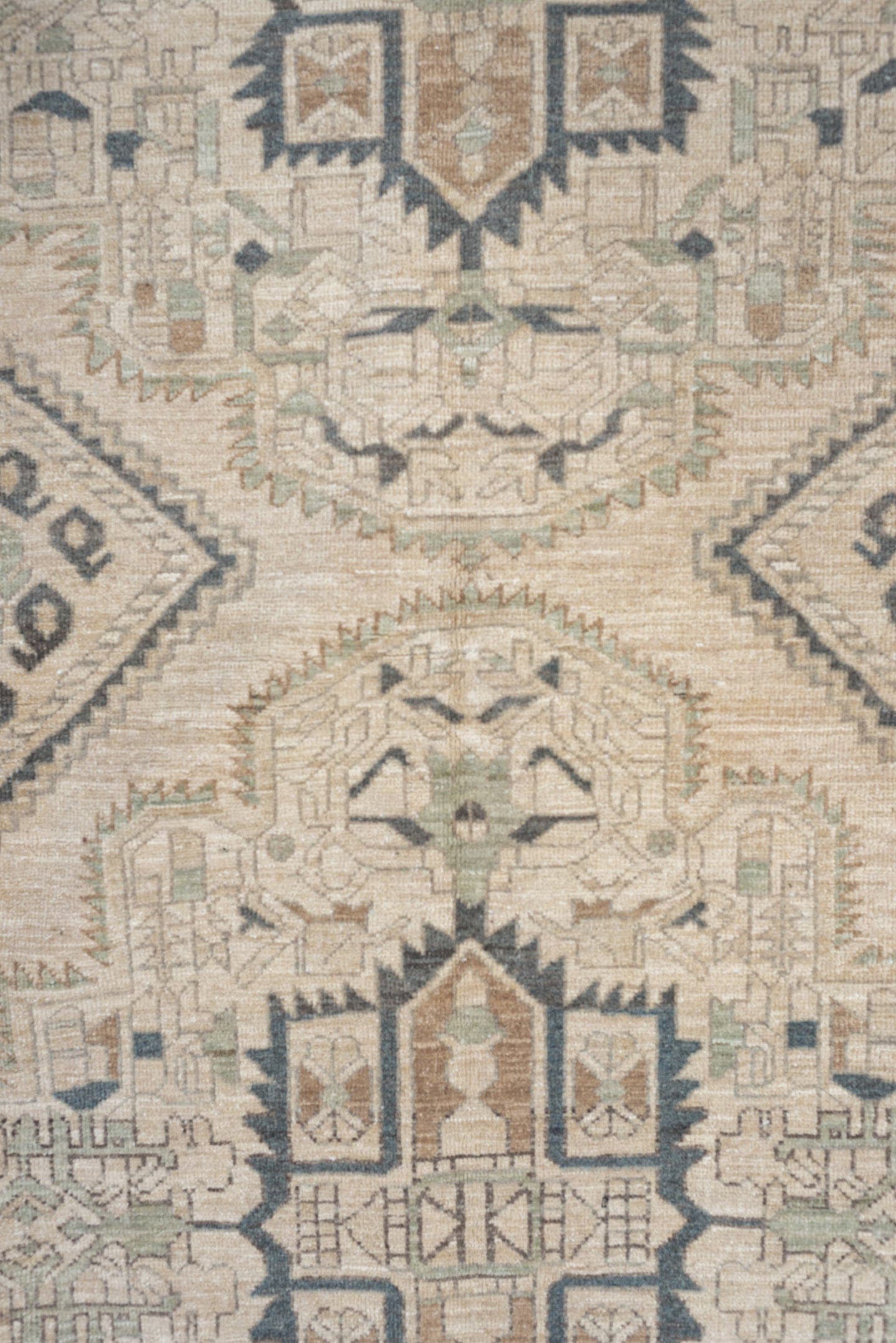 5' x 7' one-of-a-kind handmade vintage Afshar rug. Color palette: ivory, charcoal, sage, sand, taupe, camel, black, gray