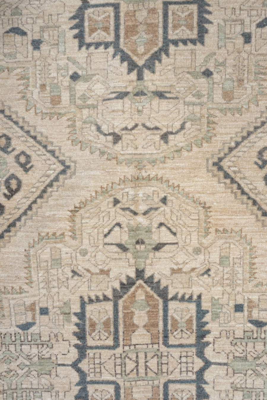 5' x 7' one-of-a-kind handmade vintage Afshar rug. Color palette: ivory, charcoal, sage, sand, taupe, camel, black, gray