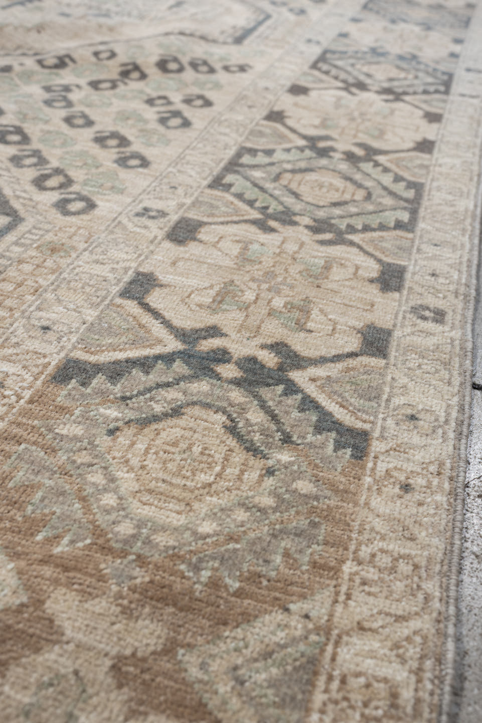 5' x 7' one-of-a-kind handmade vintage Afshar rug. Color palette: ivory, charcoal, sage, sand, taupe, camel, black, gray