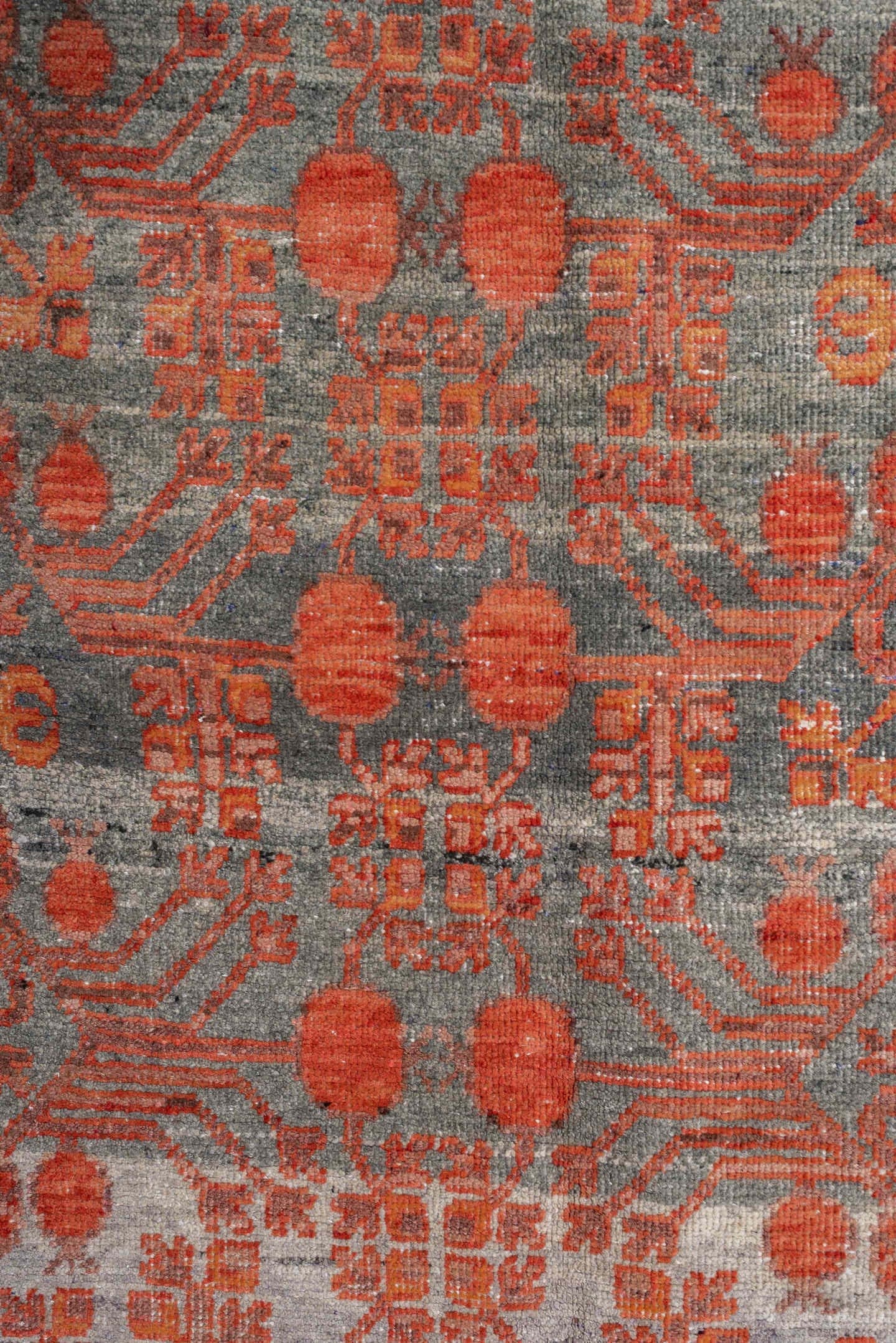 6' x 13' one-of-a-kind handmade antique Khotan large size rug. Color palette: slate, terra cotta, rust, ivory, charcoal