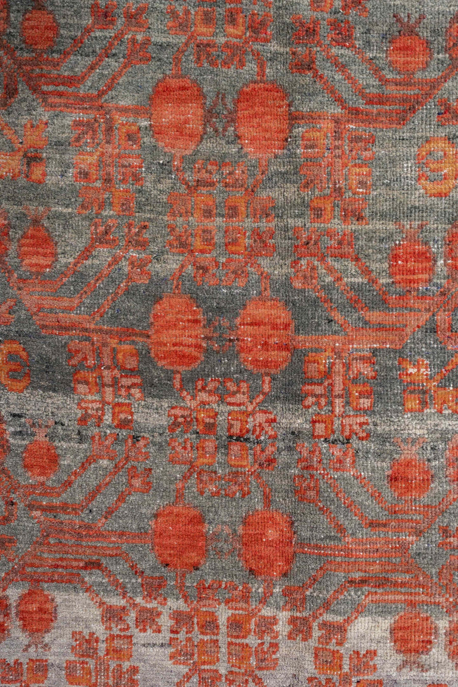 6' x 13' one-of-a-kind handmade antique Khotan large size rug. Color palette: slate, terra cotta, rust, ivory, charcoal
