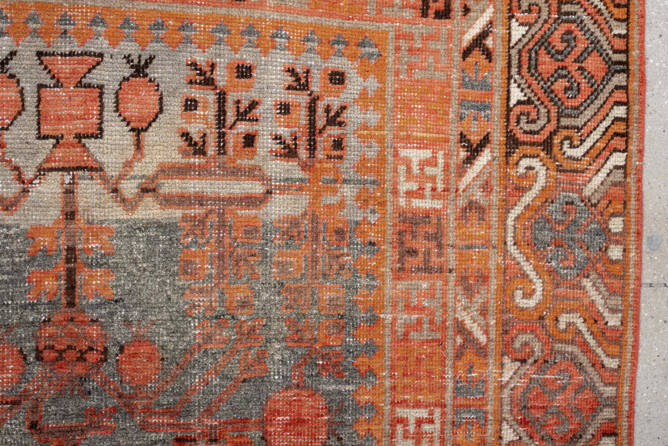 6' x 13' one-of-a-kind handmade antique Khotan large size rug. Color palette: slate, terra cotta, rust, ivory, charcoal