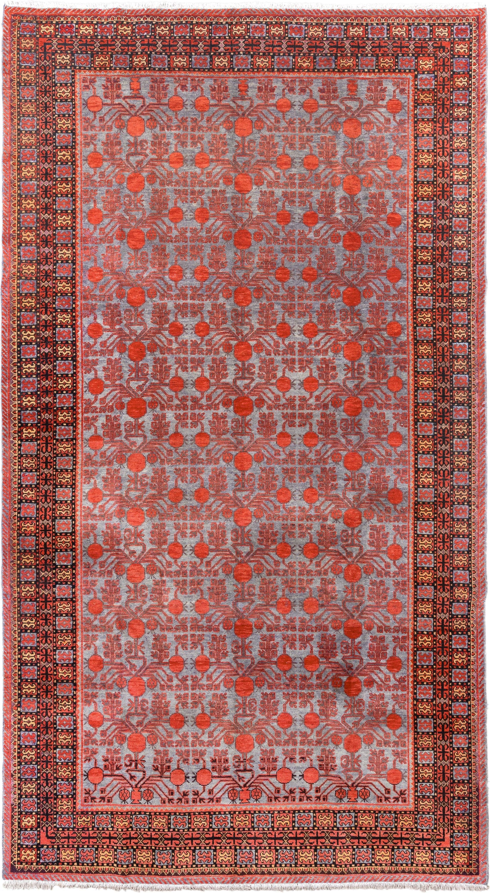 7' x 13' one-of-a-kind handmade antique Khotan large size rug. Color palette: rose, terracotta, indigo, ivory, coral