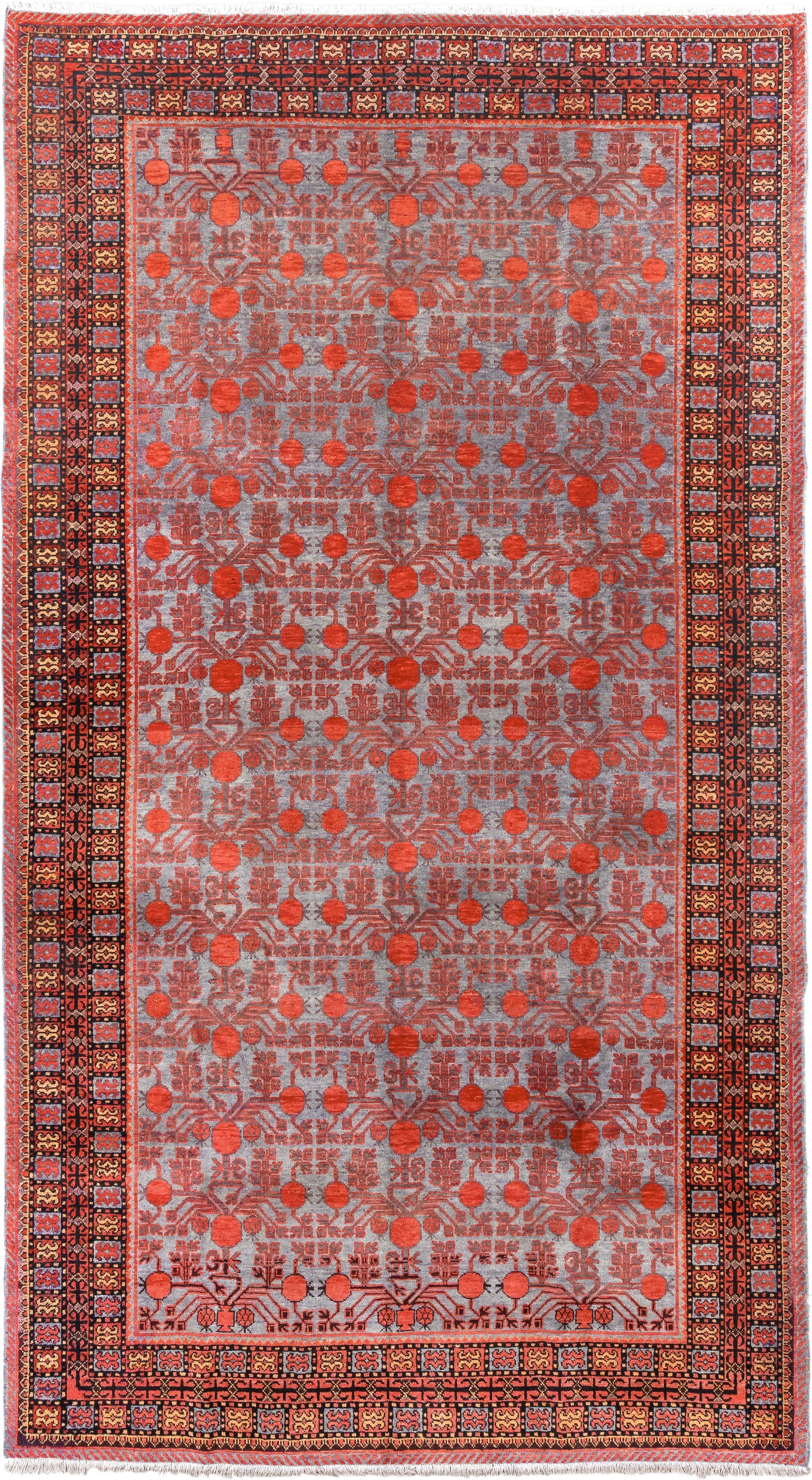 7' x 13' one-of-a-kind handmade antique Khotan large size rug. Color palette: rose, terracotta, indigo, ivory, coral