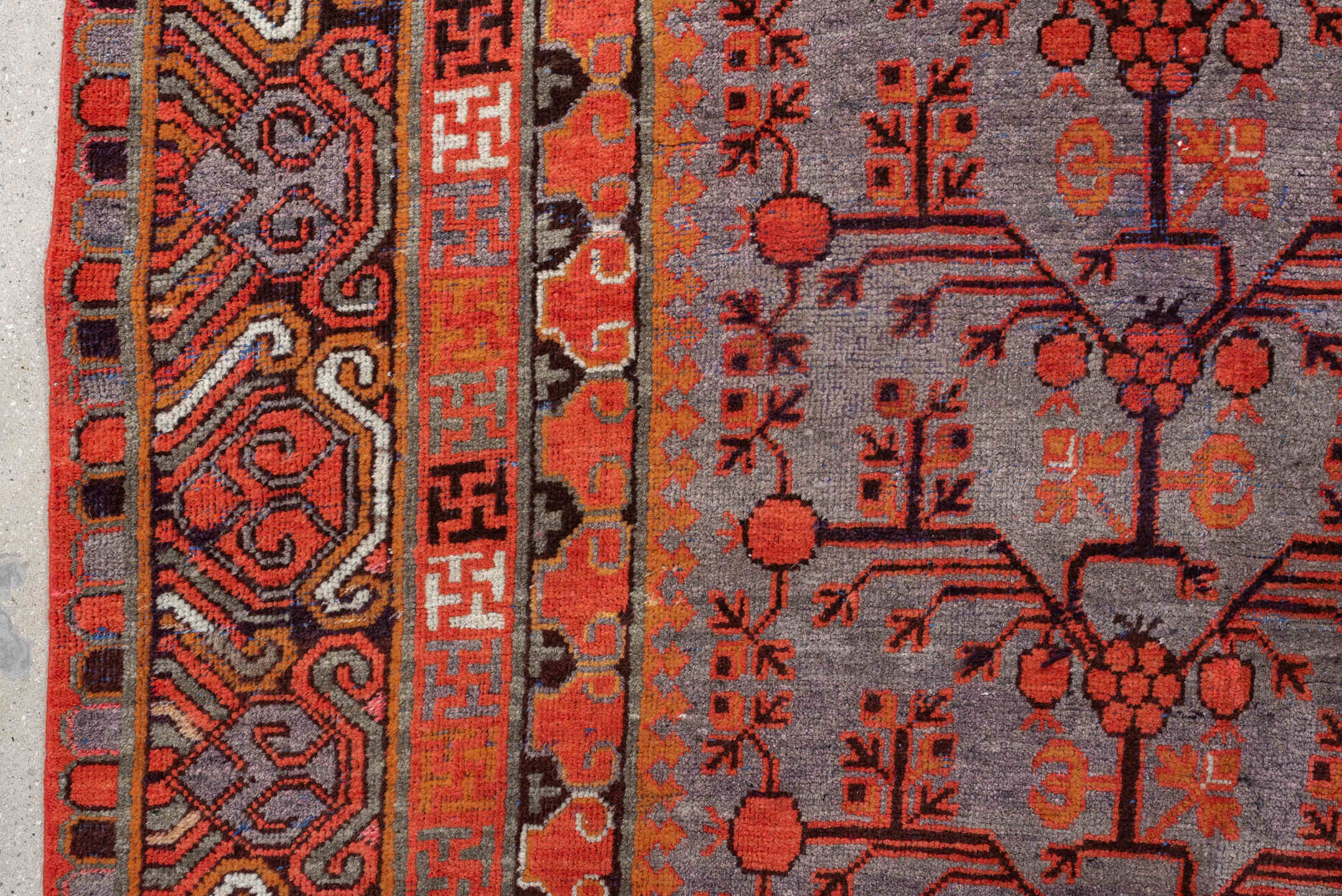 6' x 14' one-of-a-kind handmade antique Khotan large size rug. Color palette: slate, terracotta, rust, ivory, charcoal