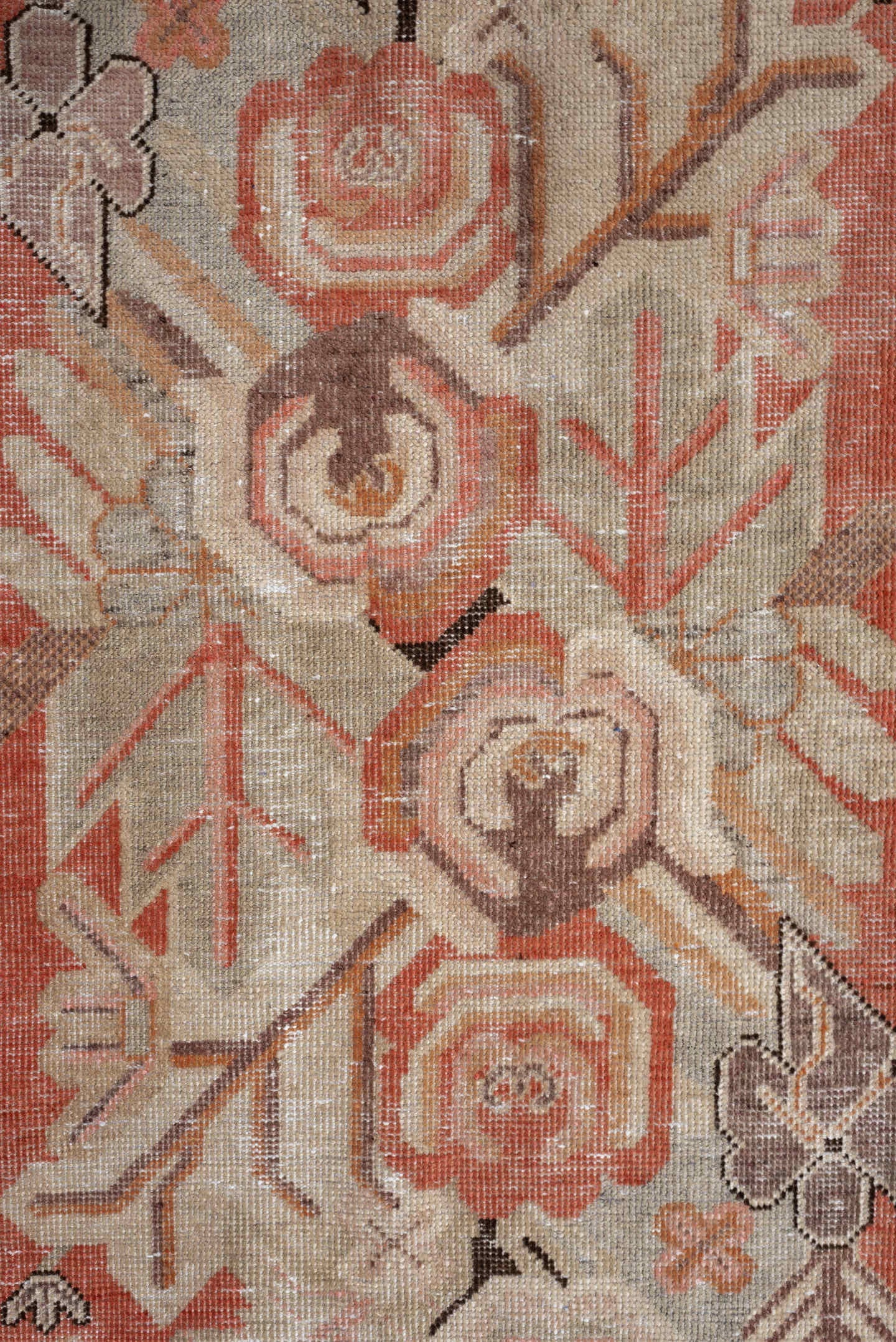 5' x 10' one-of-a-kind handmade antique Khotan large size rug. Color palette: coral, ivory, taupe, chocolate_brown, peach