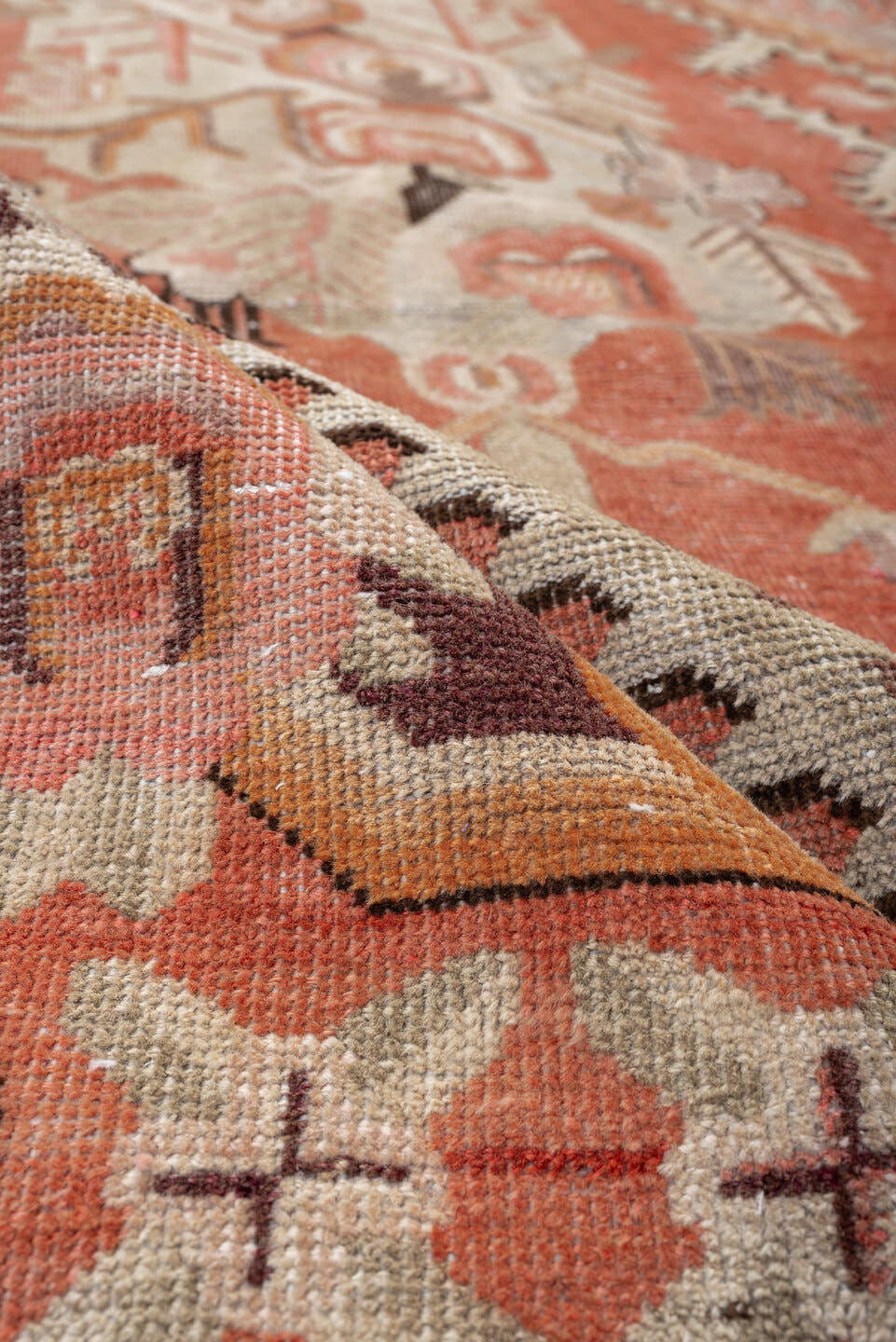 5' x 10' one-of-a-kind handmade antique Khotan large size rug. Color palette: coral, ivory, taupe, chocolate_brown, peach