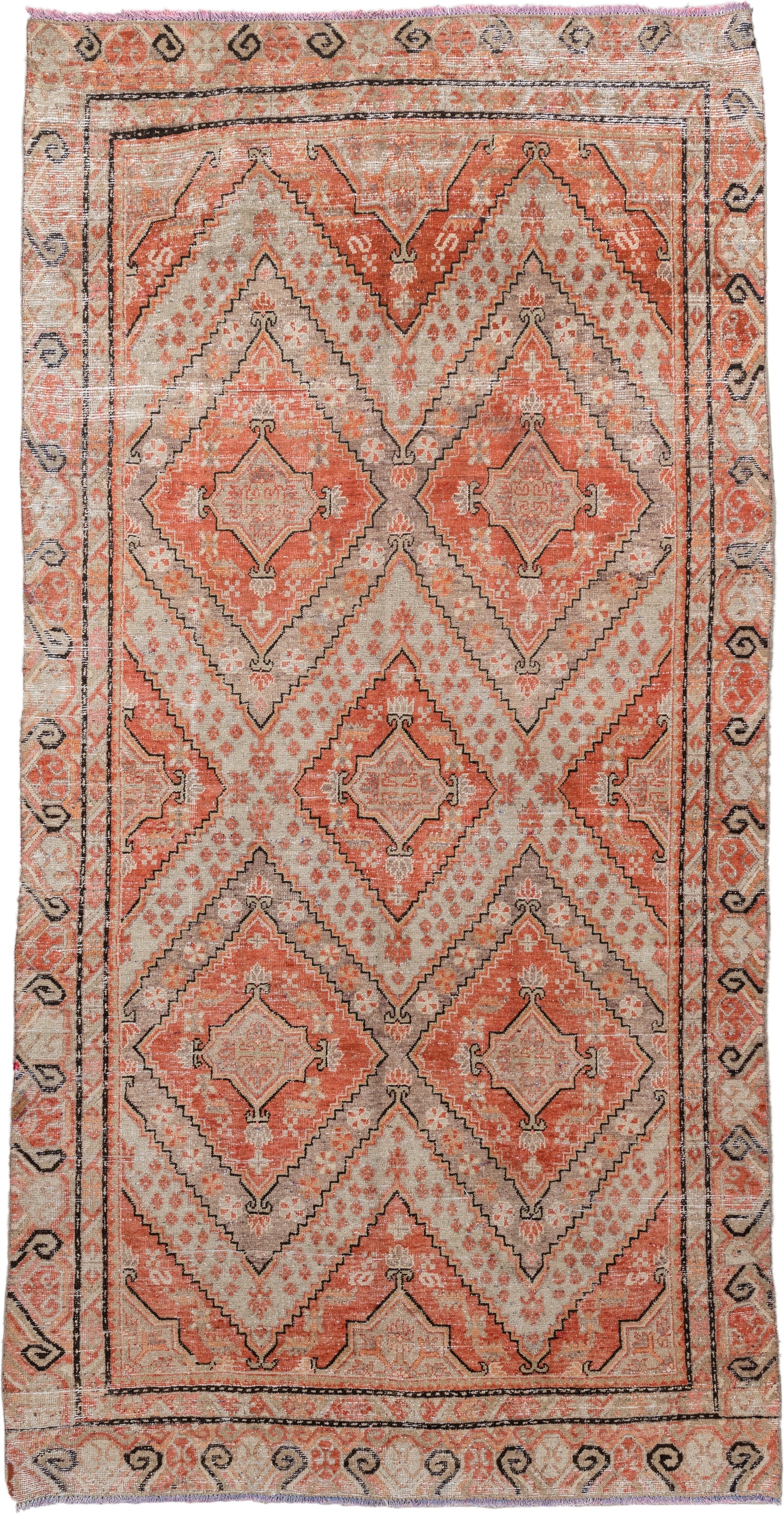 5' x 10' one-of-a-kind handmade antique Khotan large size rug. Color palette: coral, ivory, taupe, charcoal, sand