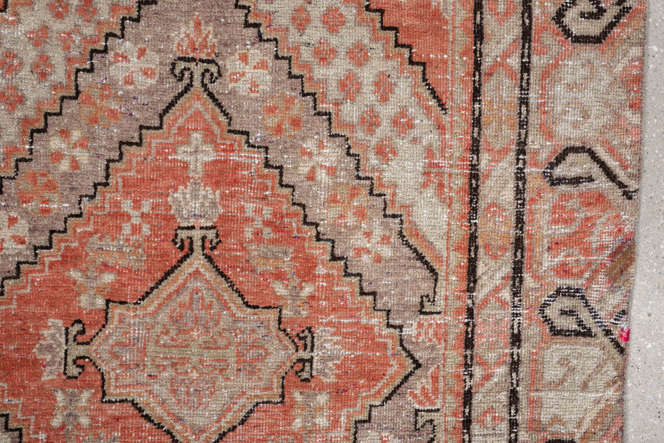 5' x 10' one-of-a-kind handmade antique Khotan large size rug. Color palette: coral, ivory, taupe, charcoal, sand