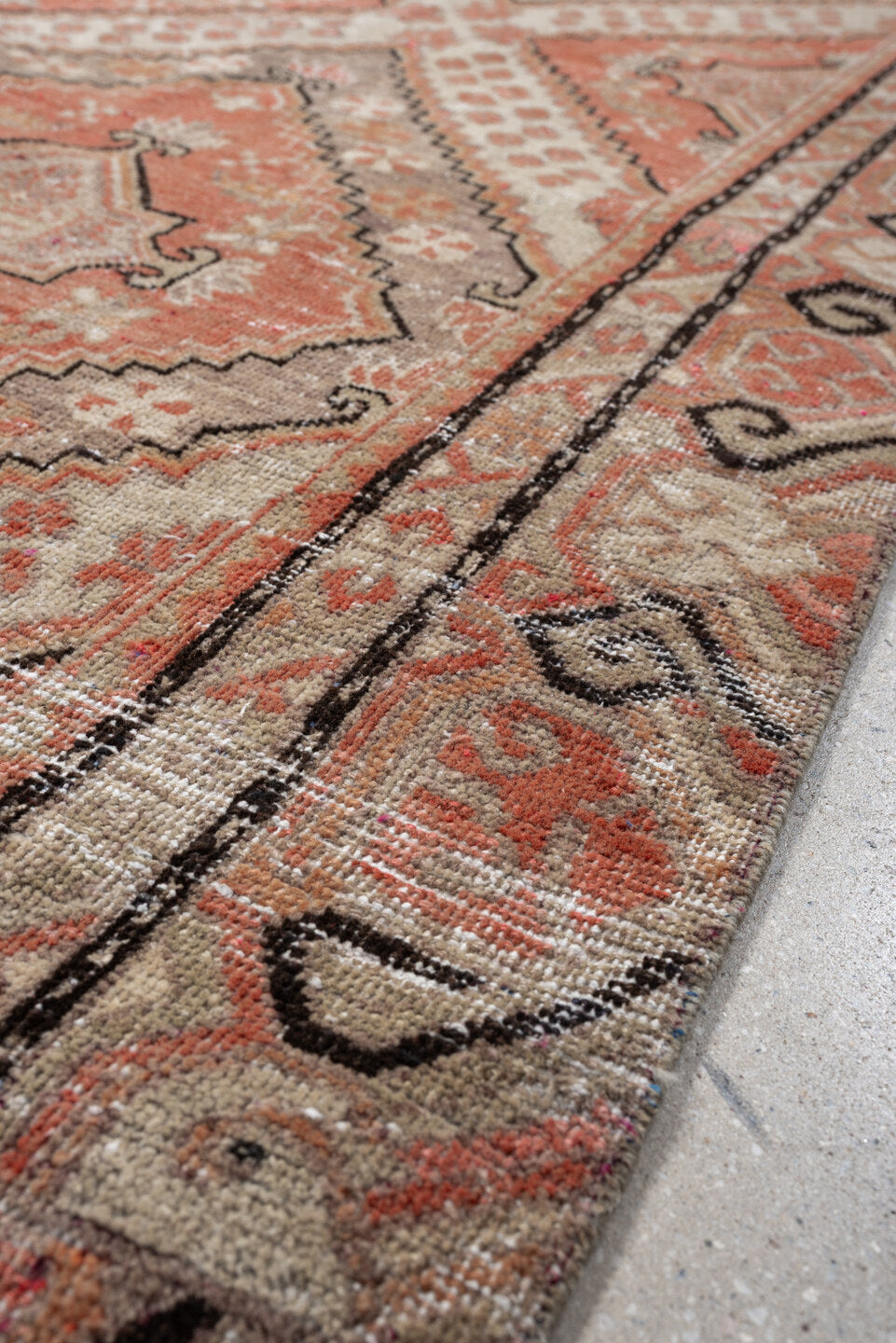 5' x 10' one-of-a-kind handmade antique Khotan large size rug. Color palette: coral, ivory, taupe, charcoal, sand