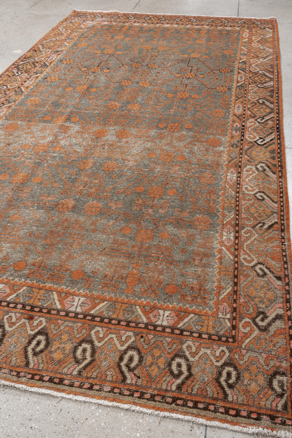 5' x 11' one-of-a-kind handmade antique Khotan large size rug. Color palette: taupe, terra cotta, charcoal, ivory, camel