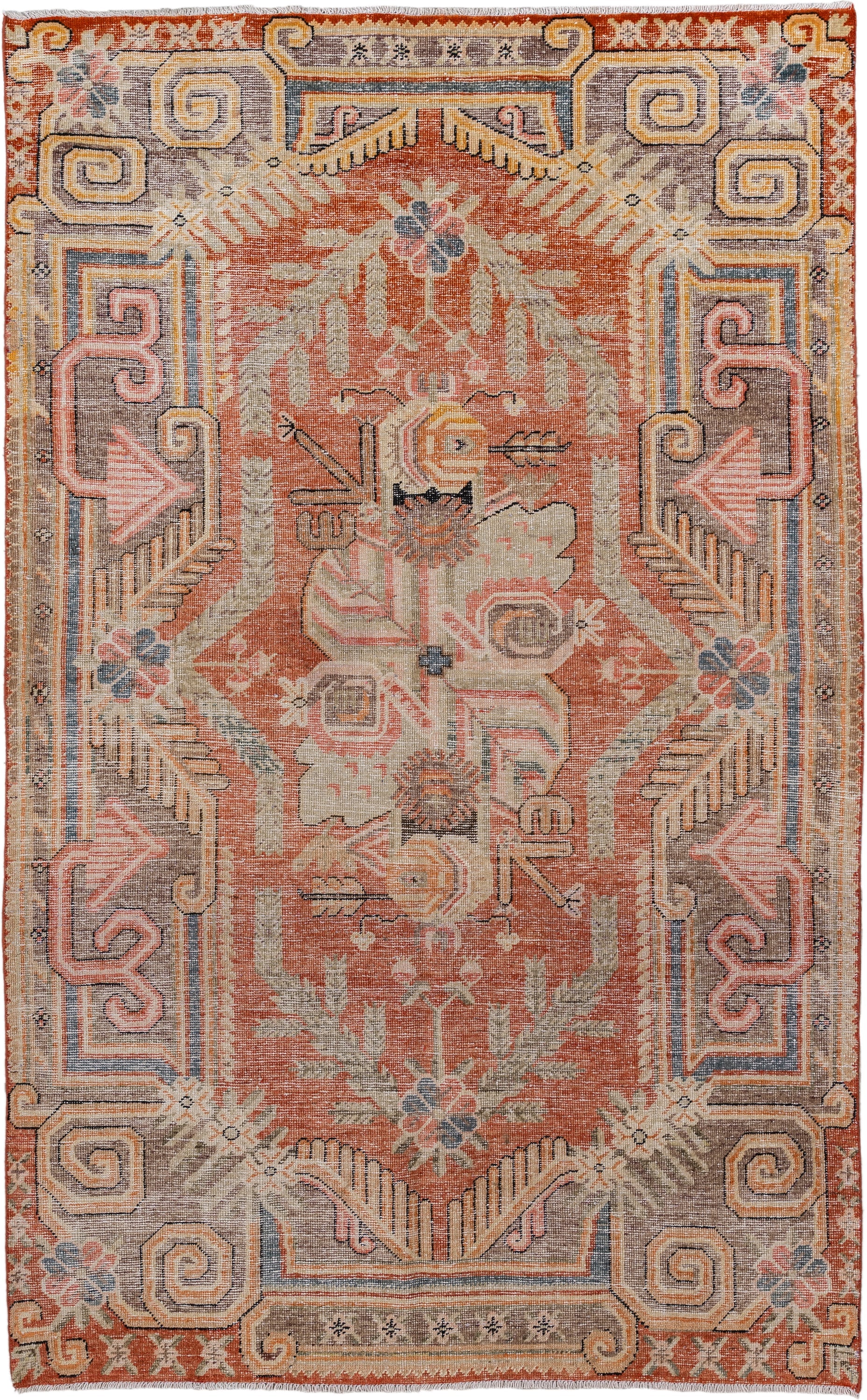 5' x 8' one-of-a-kind handmade vintage Khotan medium size rug. Color palette: terra cotta, ivory, taupe, slate, blush, camel