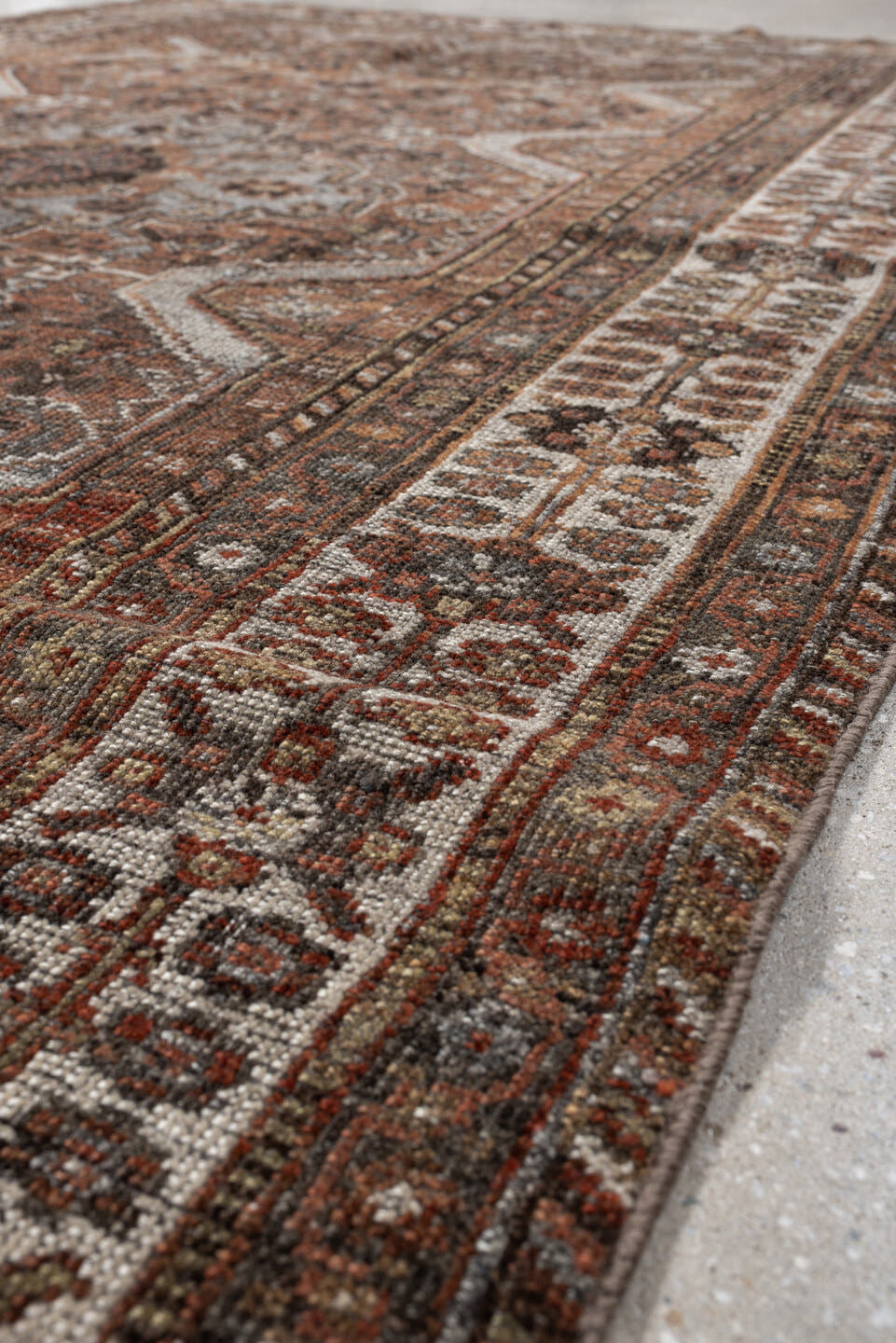 5' x 7' one-of-a-kind handmade antique Shiraz medium size rug. Color palette: rust, brown, ivory, taupe, charcoal, camel