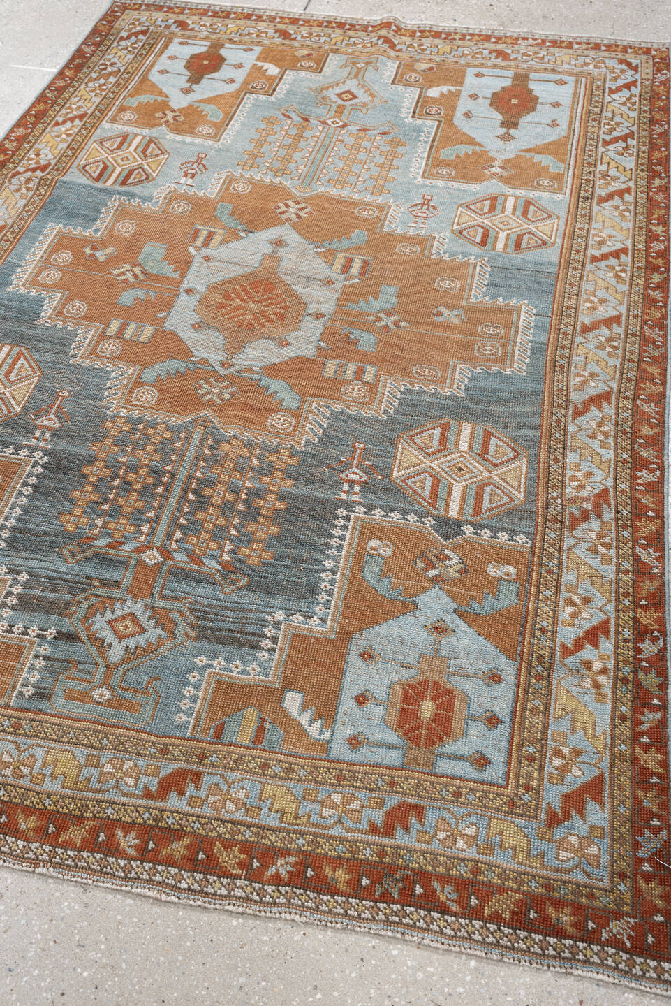 4' x 6' one-of-a-kind handmade antique Afshar small size rug. Color palette: blue, terra cotta, ivory, rust, camel, taupe