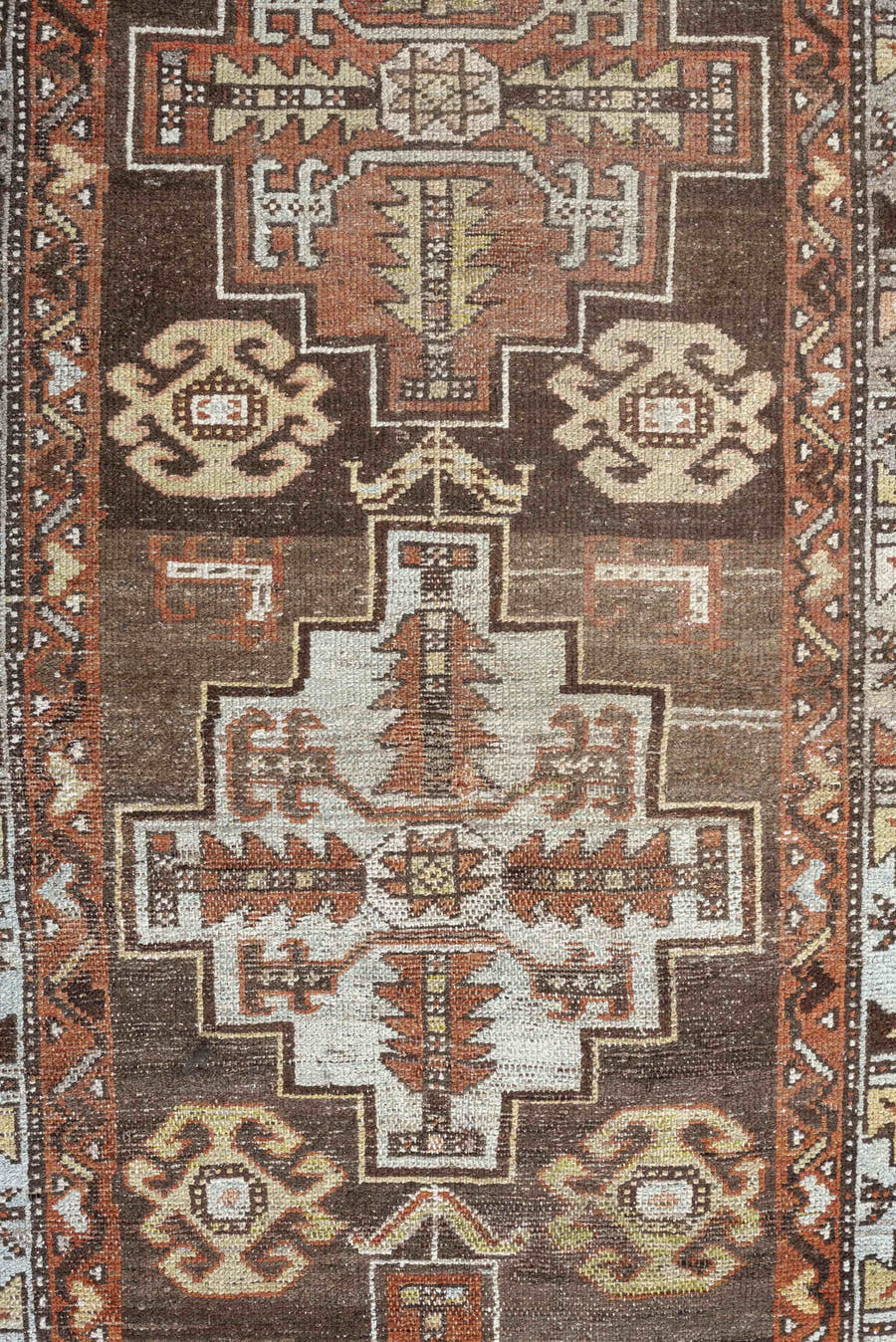 2' x 9' one-of-a-kind handmade antique Hamadan runner rug. Color palette: brown, ivory, rust, taupe, camel, charcoal