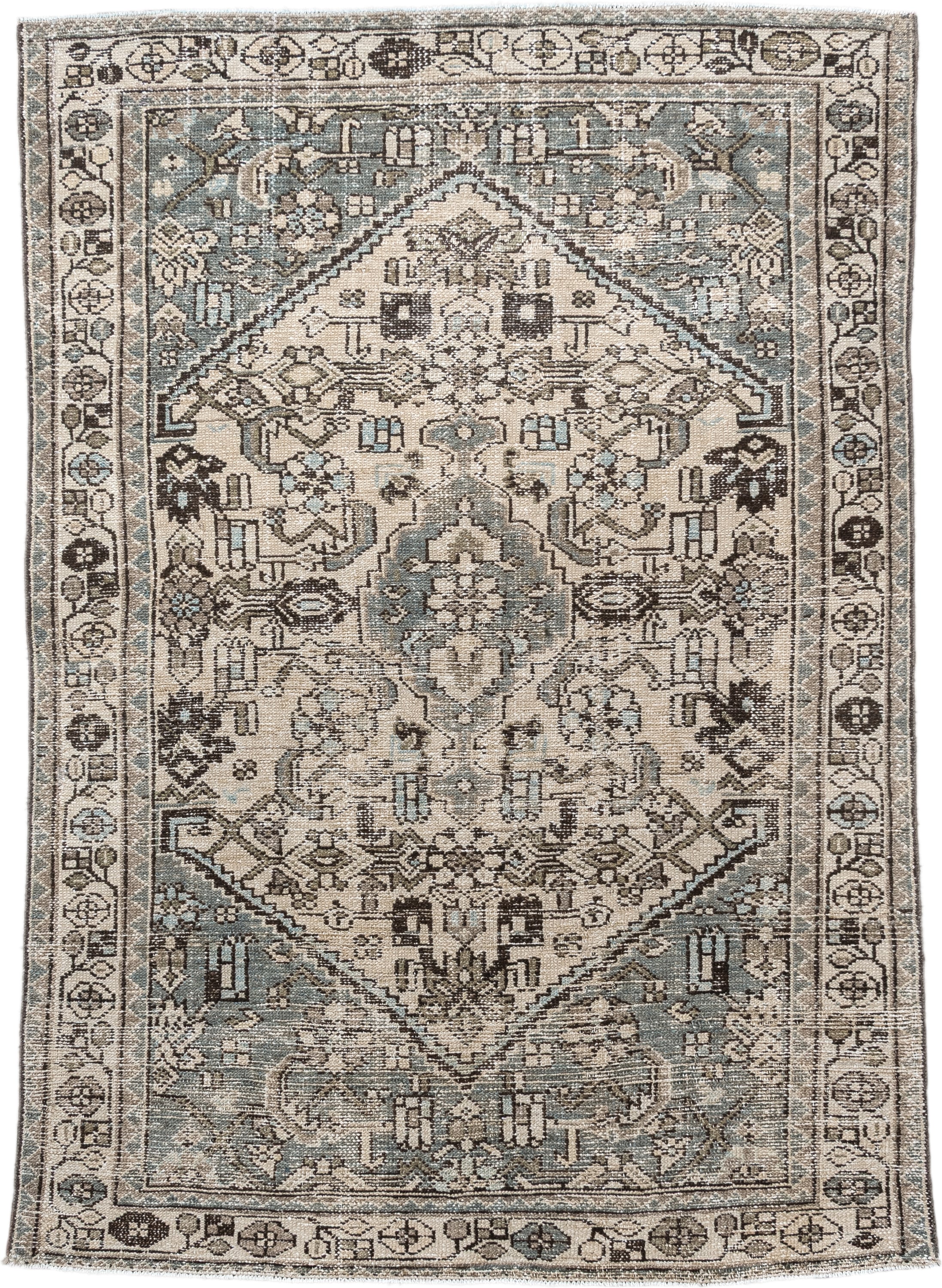 4' x 6' one-of-a-kind handmade antique Hamadan small size rug. Color palette: ivory, sky blue, charcoal, taupe, slate, cream