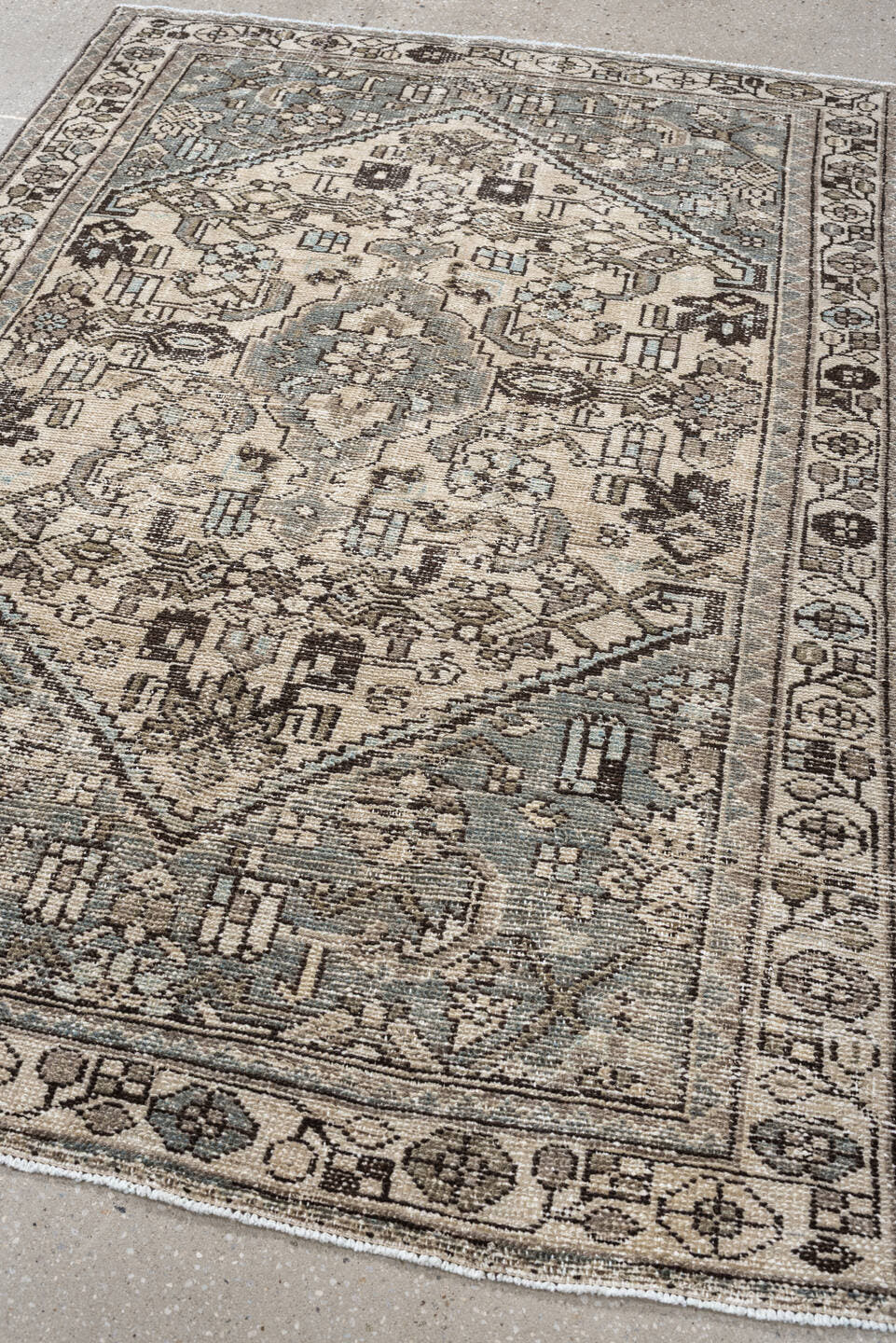 4' x 6' one-of-a-kind handmade antique Hamadan small size rug. Color palette: ivory, sky blue, charcoal, taupe, slate, cream