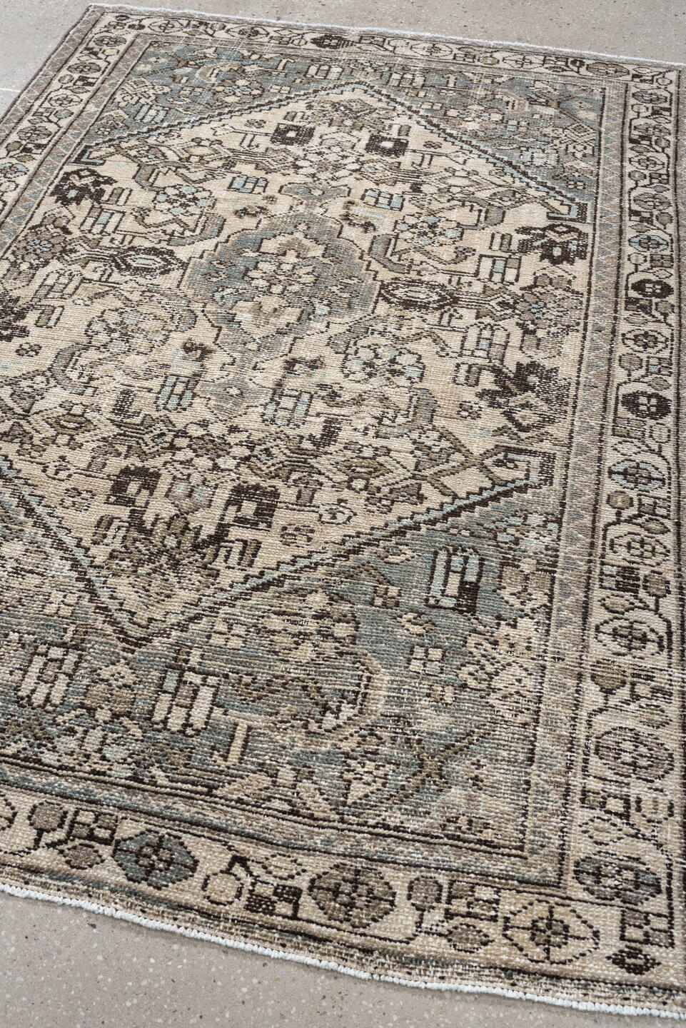 4' x 6' one-of-a-kind handmade antique Hamadan small size rug. Color palette: ivory, sky blue, charcoal, taupe, slate, cream