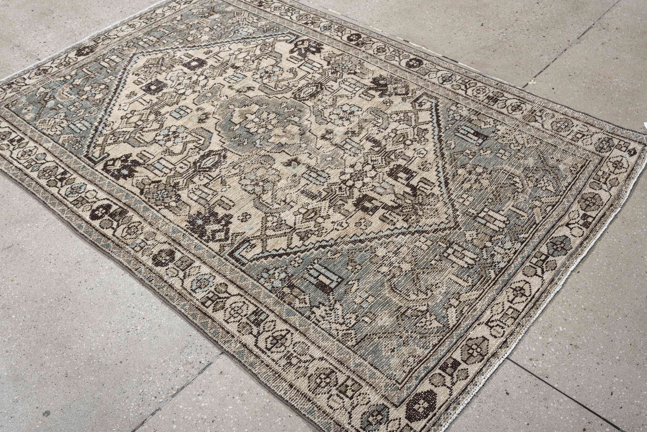 4' x 6' one-of-a-kind handmade antique Hamadan small size rug. Color palette: ivory, sky blue, charcoal, taupe, slate, cream