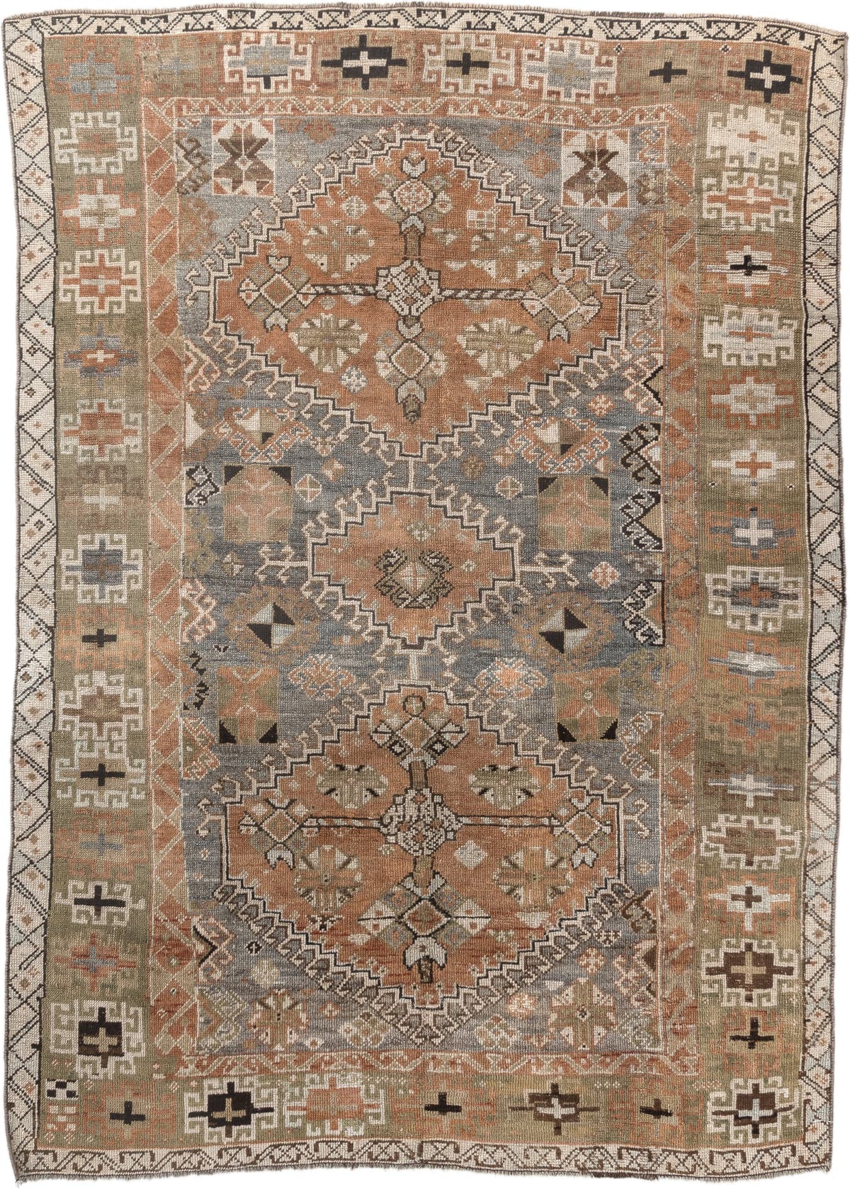 4' x 6' one-of-a-kind handmade antique Shiraz rug. Color palette: terra cotta, sage, ivory, charcoal, taupe, slate, camel