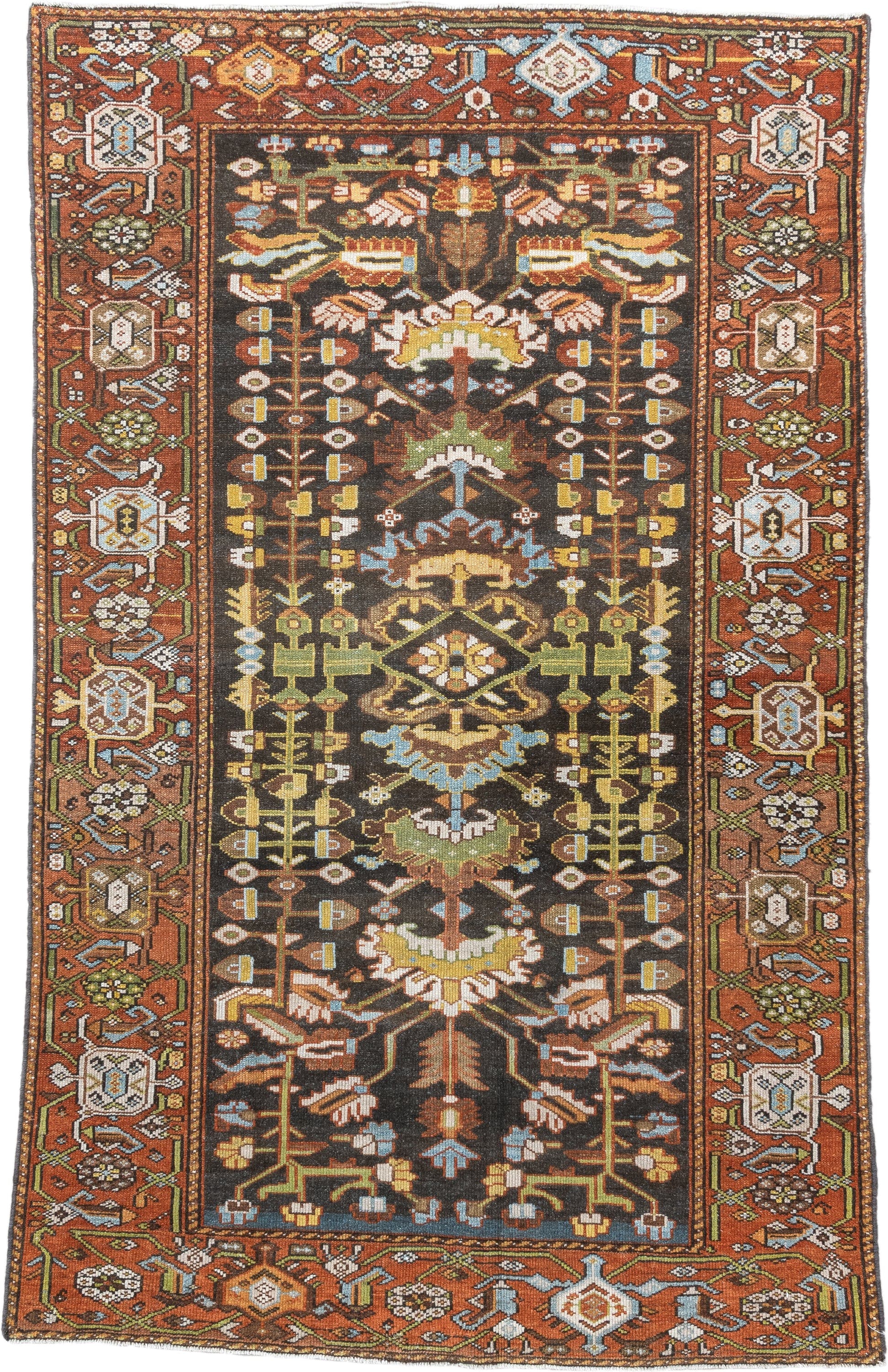 4' x 6' one-of-a-kind handmade antique Hamadan small size rug. Color palette: rust, brown, ivory, sky blue, sage, gold
