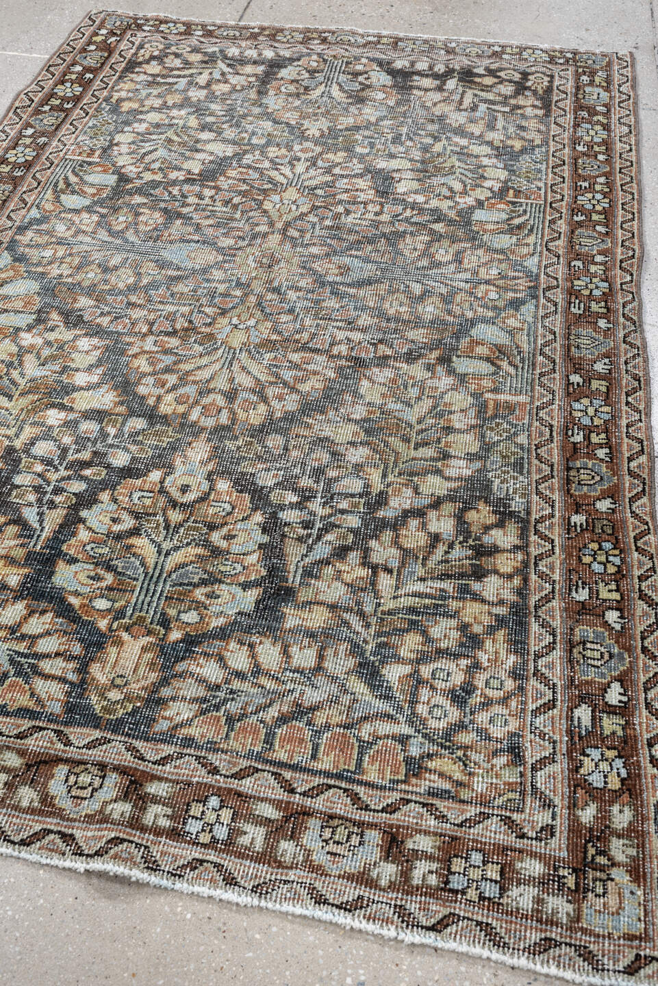 4' x 6' one-of-a-kind handmade antique Mahal small size rug. Color palette: rust, ivory, slate, taupe, camel, sage, charcoal