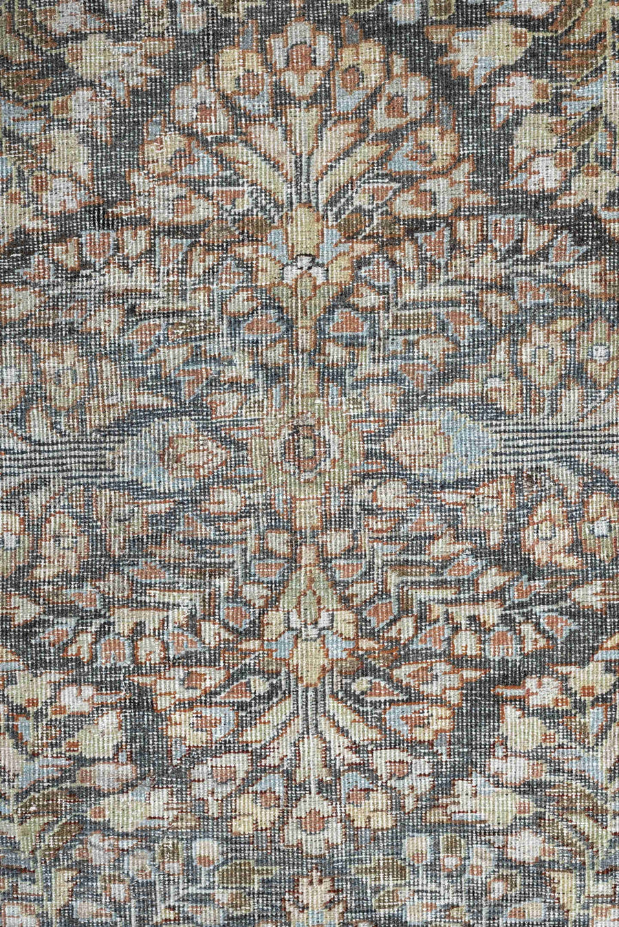 4' x 6' one-of-a-kind handmade antique Mahal small size rug. Color palette: rust, ivory, slate, taupe, camel, sage, charcoal