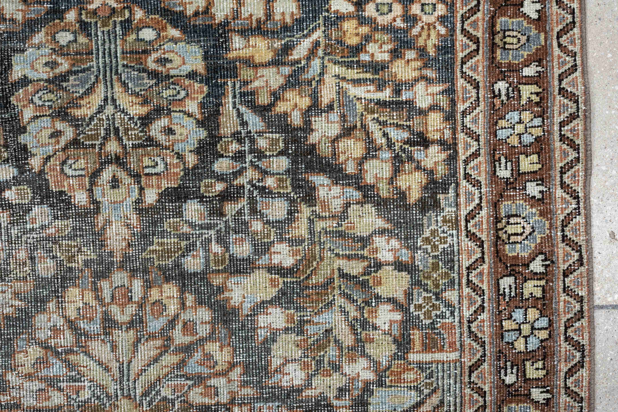 4' x 6' one-of-a-kind handmade antique Mahal small size rug. Color palette: rust, ivory, slate, taupe, camel, sage, charcoal