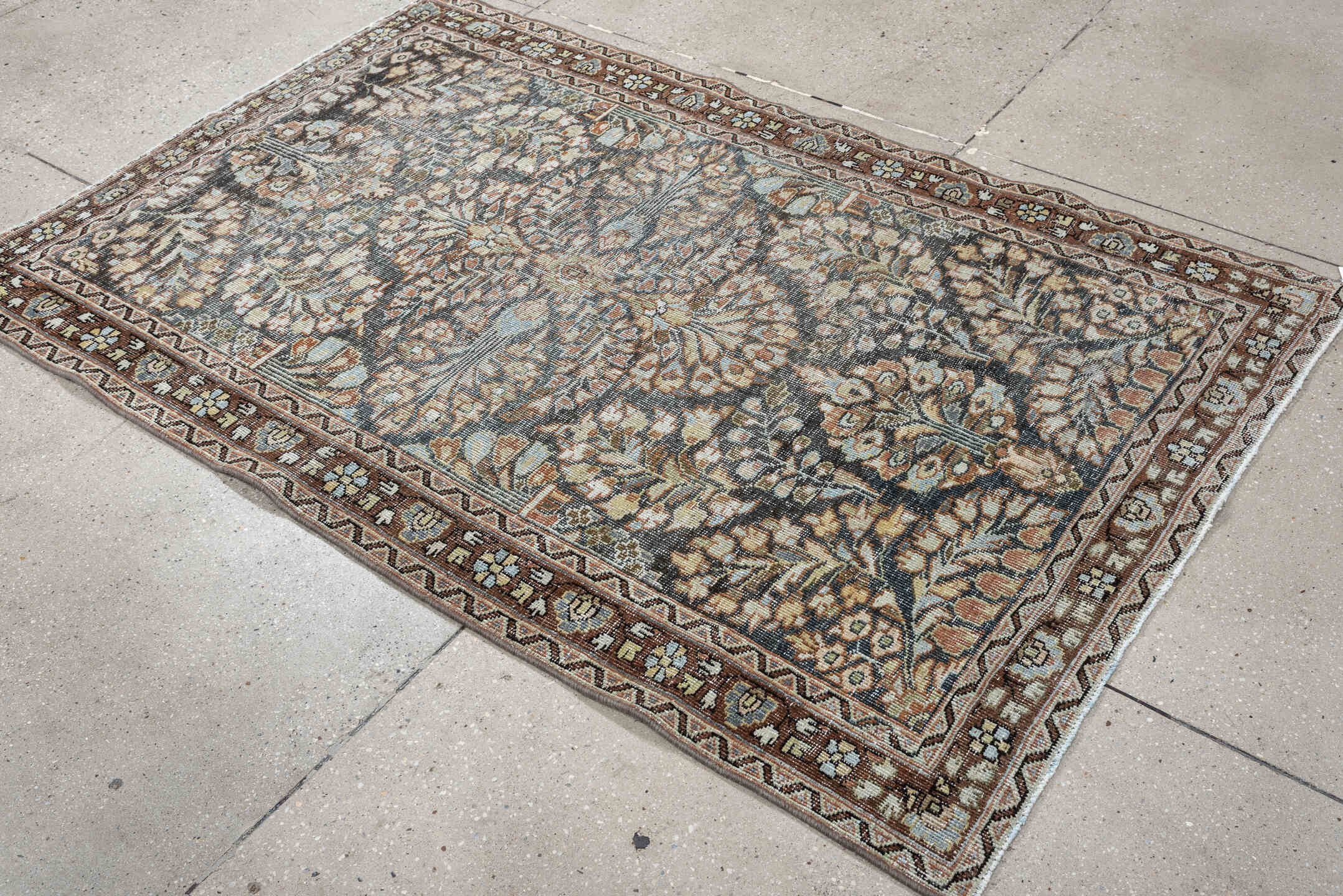 4' x 6' one-of-a-kind handmade antique Mahal small size rug. Color palette: rust, ivory, slate, taupe, camel, sage, charcoal