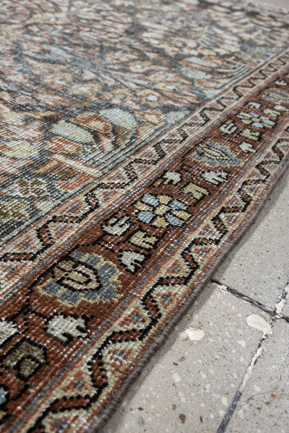 4' x 6' one-of-a-kind handmade antique Mahal small size rug. Color palette: rust, ivory, slate, taupe, camel, sage, charcoal