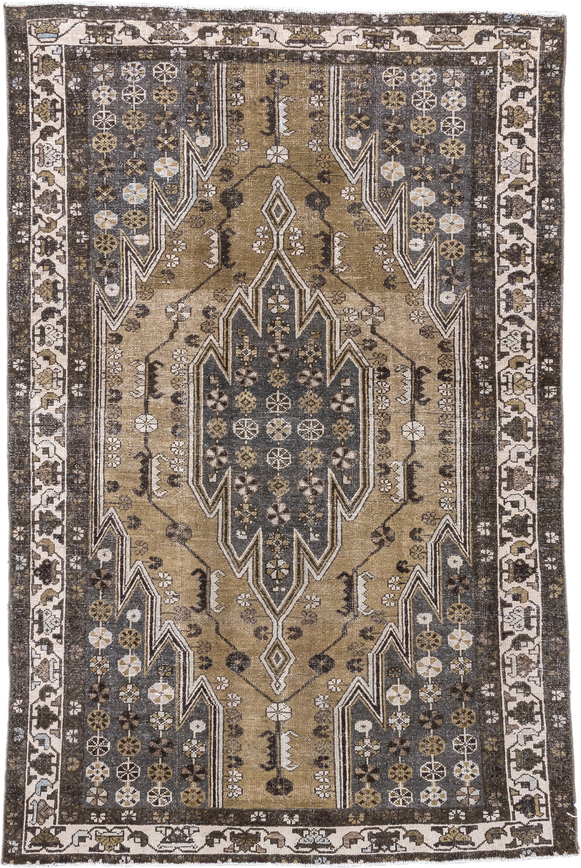 4' x 6' one-of-a-kind handmade antique Mazlaghan small size rug. Color palette: camel, charcoal, ivory, taupe, olive, brown