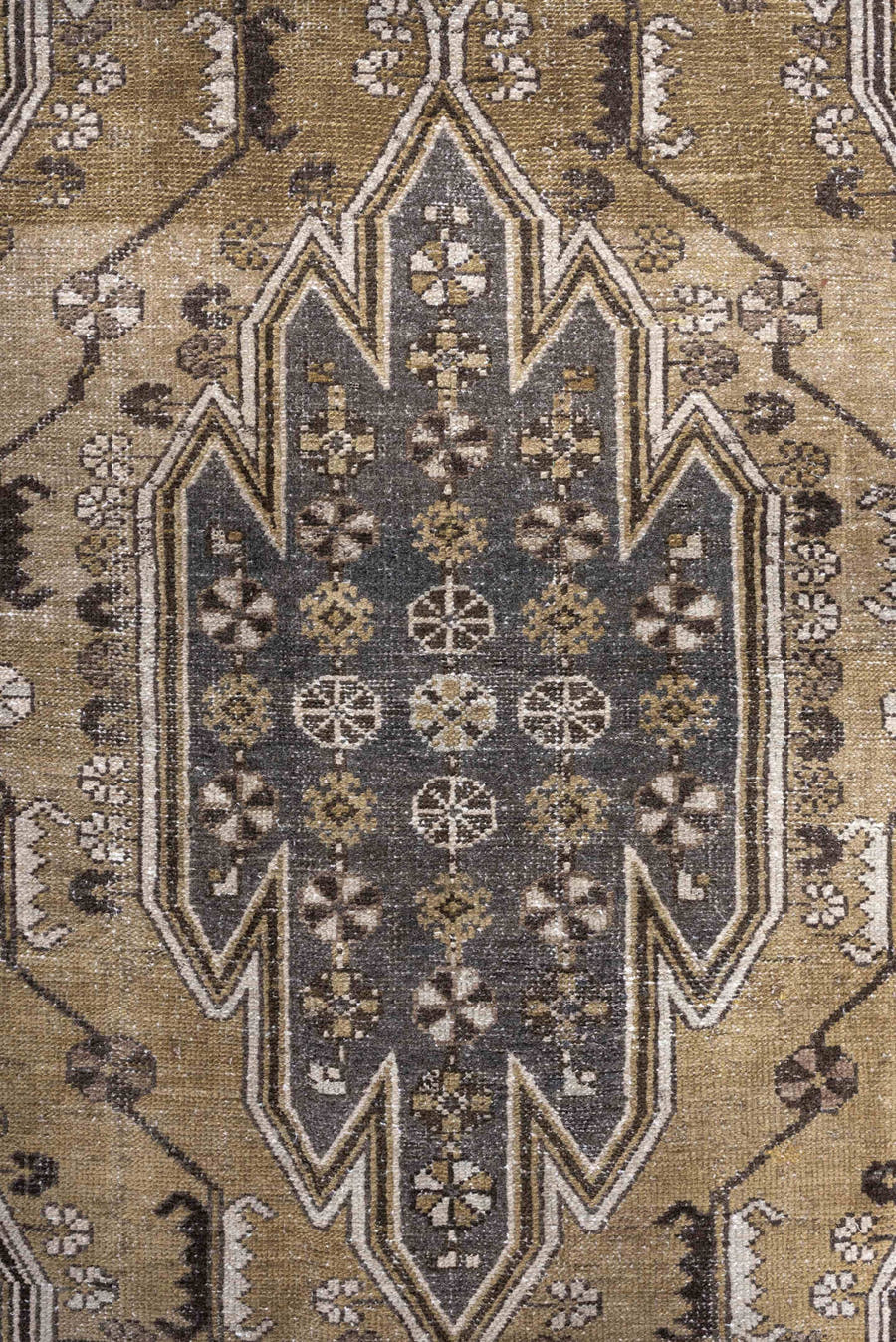4' x 6' one-of-a-kind handmade antique Mazlaghan small size rug. Color palette: camel, charcoal, ivory, taupe, olive, brown