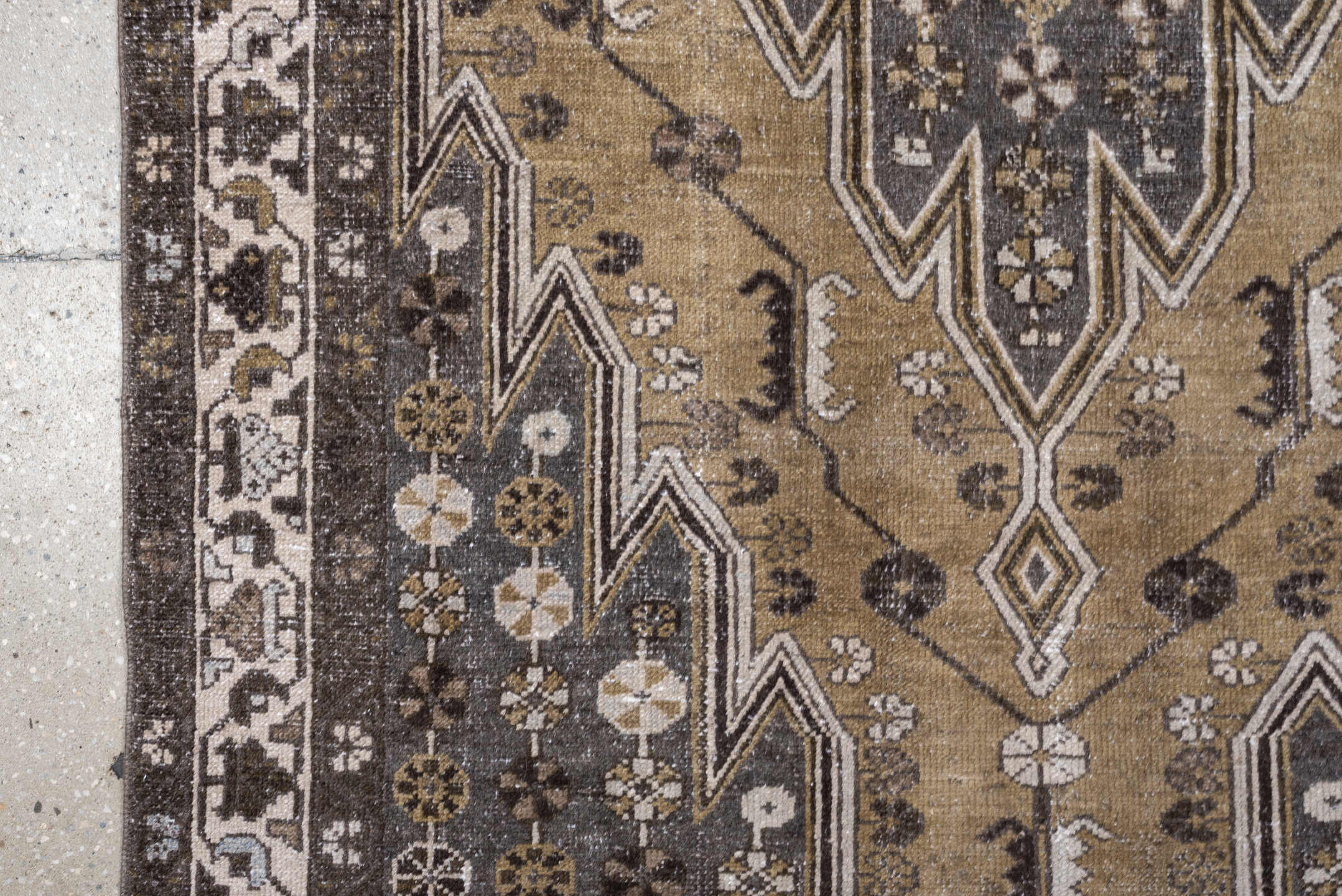 4' x 6' one-of-a-kind handmade antique Mazlaghan small size rug. Color palette: camel, charcoal, ivory, taupe, olive, brown
