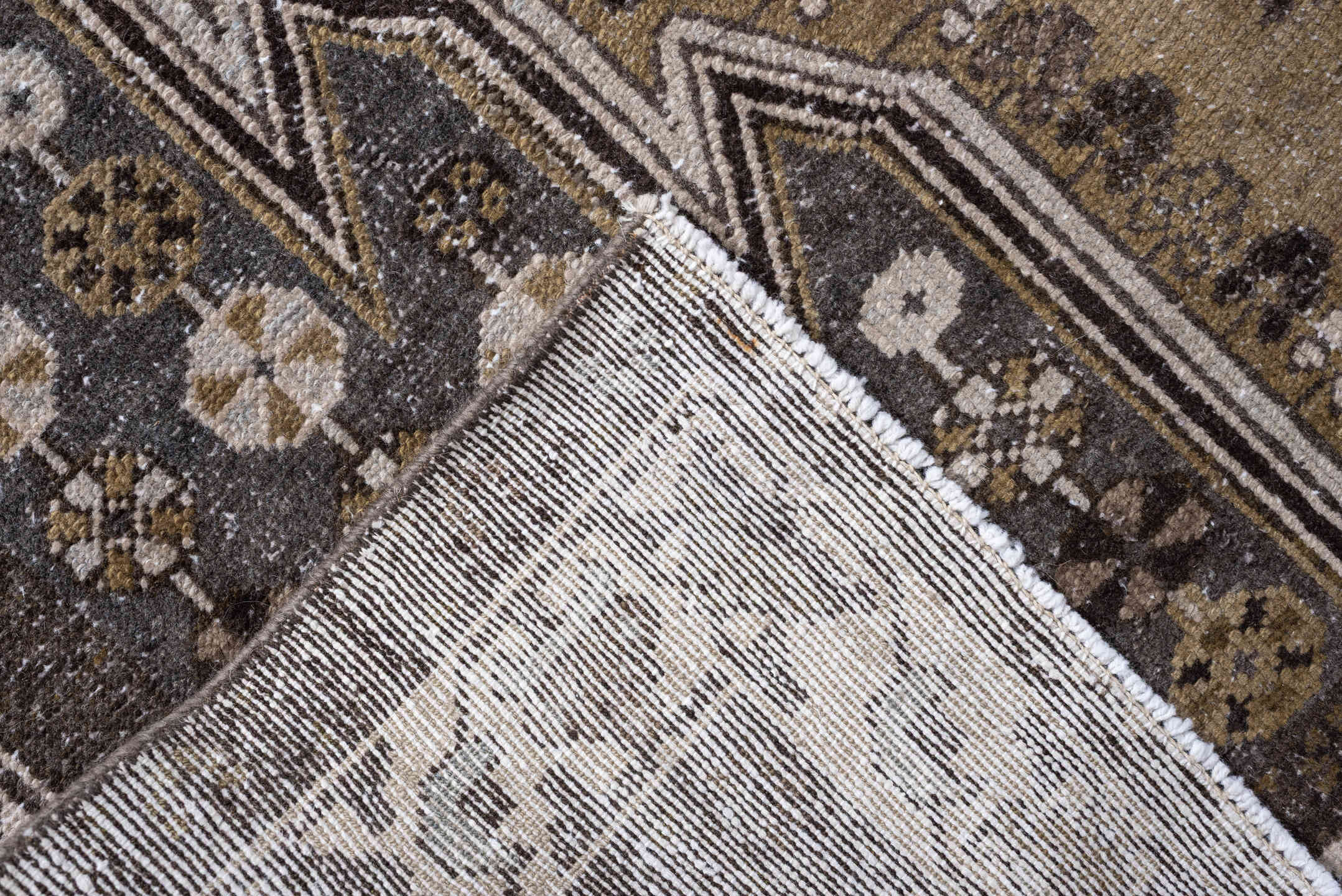 4' x 6' one-of-a-kind handmade antique Mazlaghan small size rug. Color palette: camel, charcoal, ivory, taupe, olive, brown