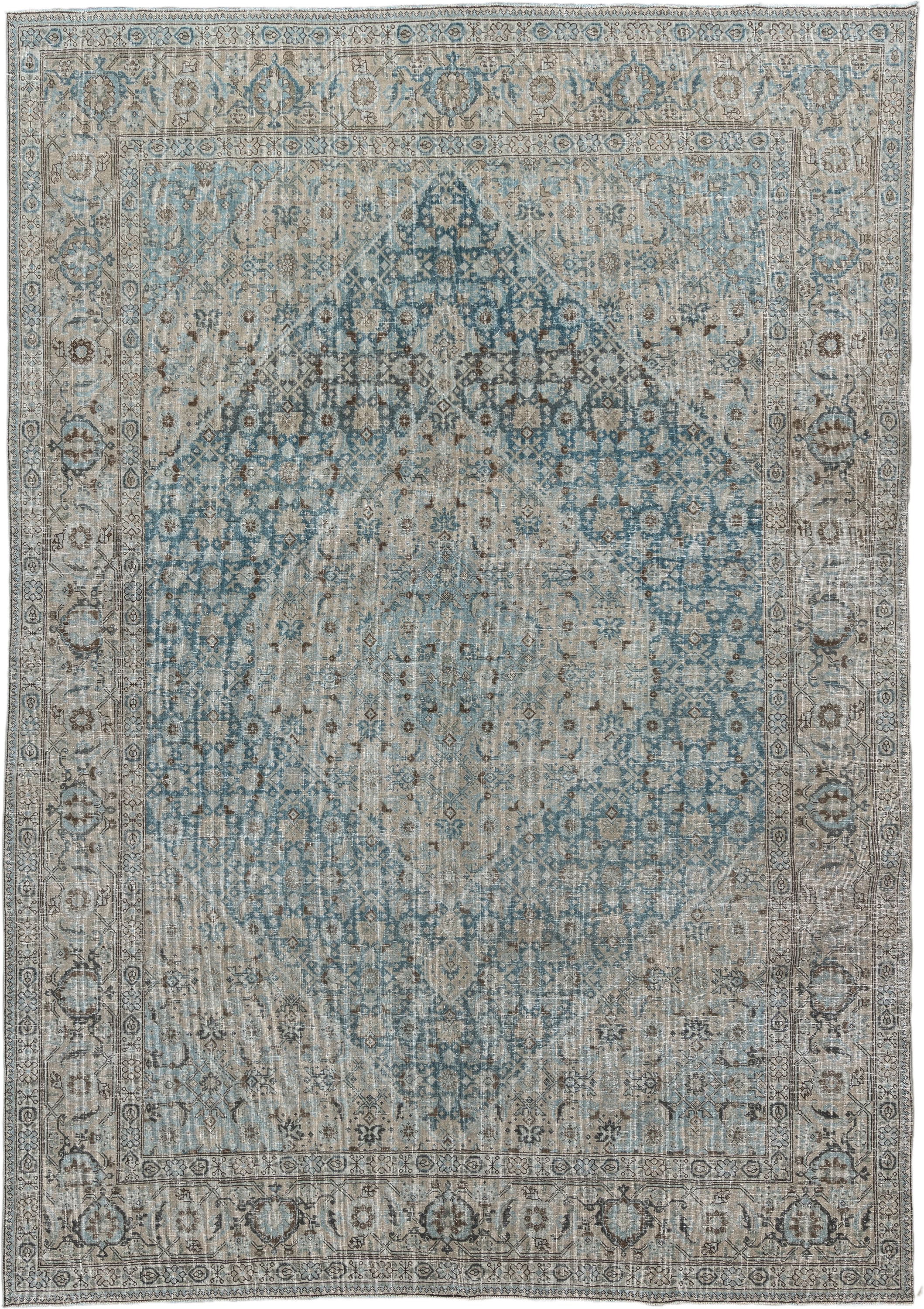 7' x 10' one-of-a-kind handmade antique Tabriz large size rug. Color palette: ivory, sky blue, taupe, slate, beige, charcoal