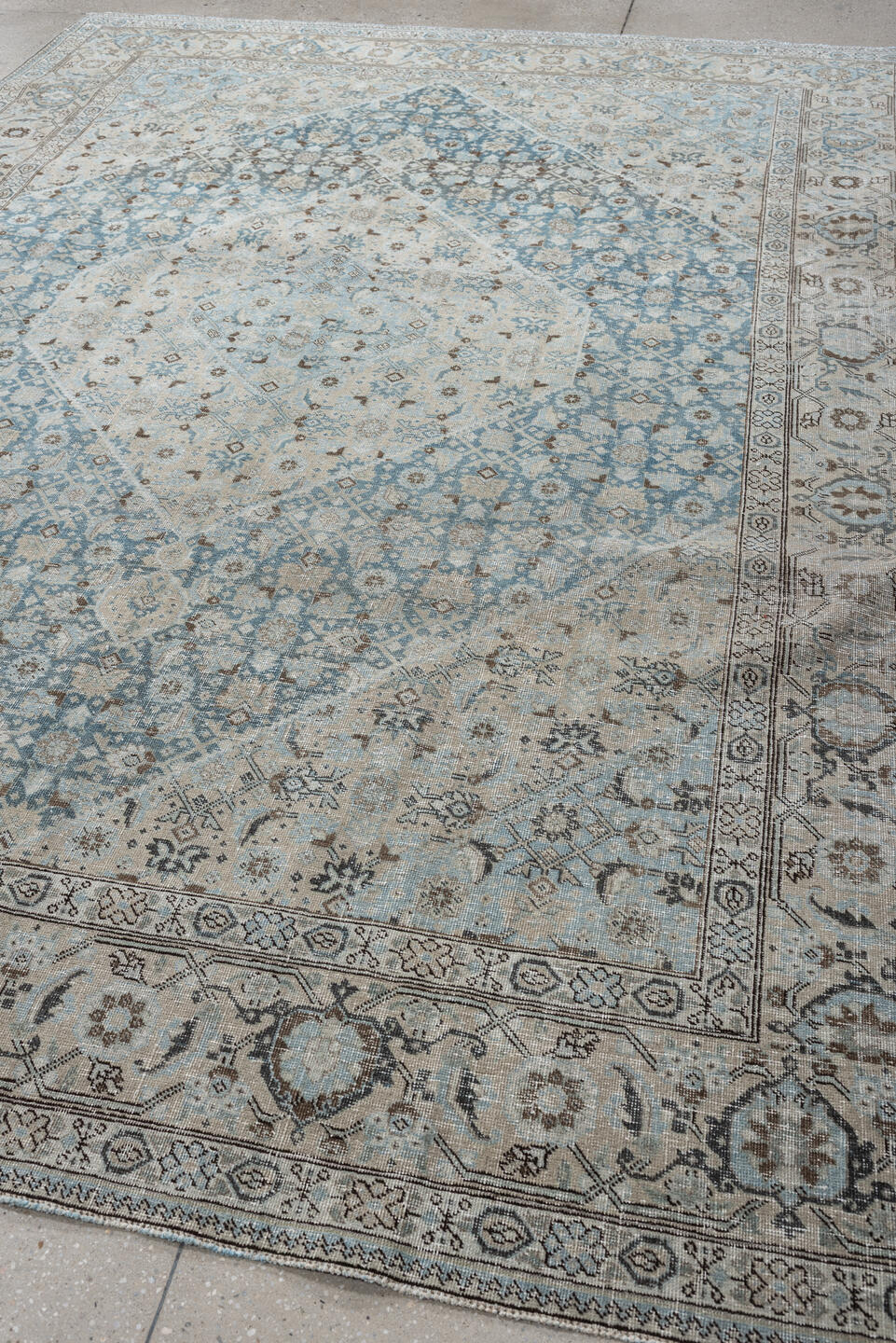 7' x 10' one-of-a-kind handmade antique Tabriz large size rug. Color palette: ivory, sky blue, taupe, slate, beige, charcoal