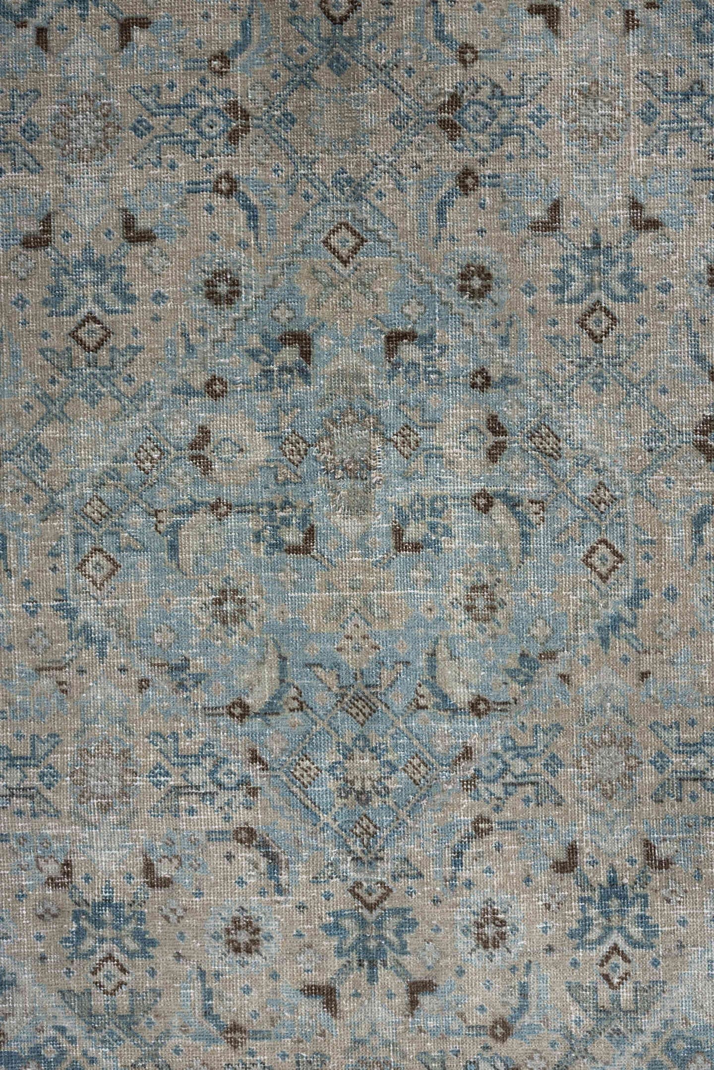 7' x 10' one-of-a-kind handmade antique Tabriz large size rug. Color palette: ivory, sky blue, taupe, slate, beige, charcoal