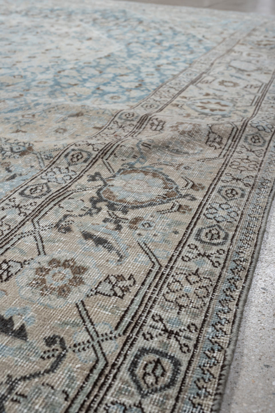 7' x 10' one-of-a-kind handmade antique Tabriz large size rug. Color palette: ivory, sky blue, taupe, slate, beige, charcoal