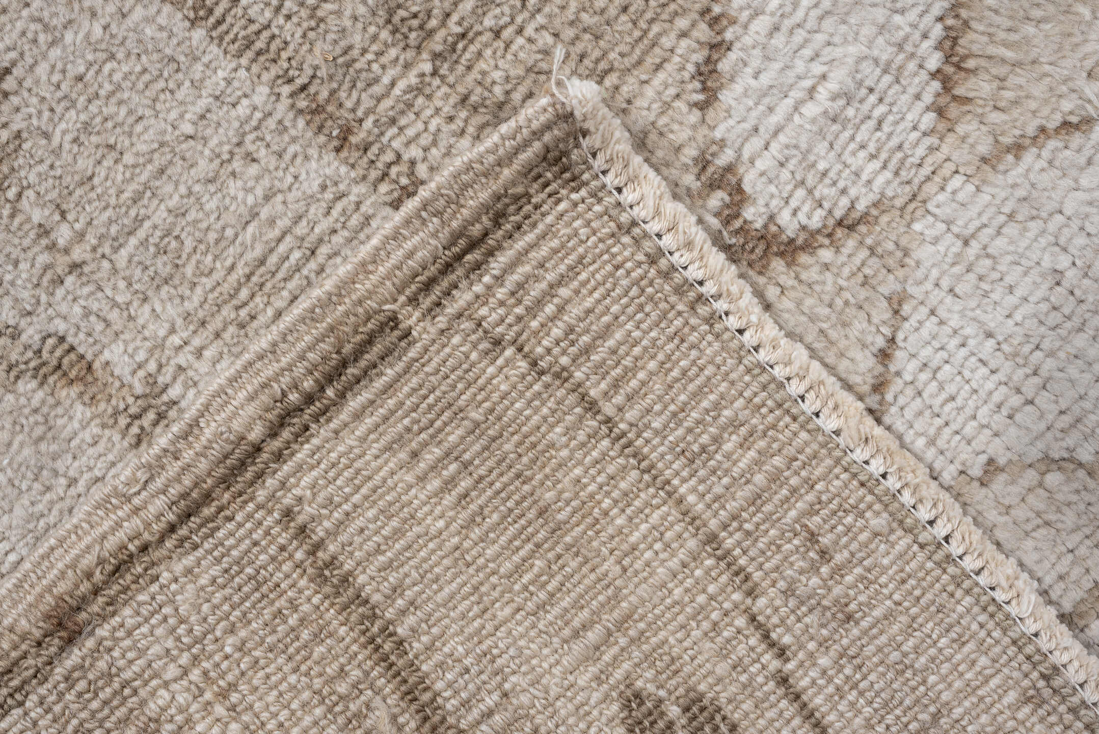 9' x 11' one-of-a-kind handmade antique Kars large size rug. Color palette: ivory, beige, taupe, camel, sand, gray