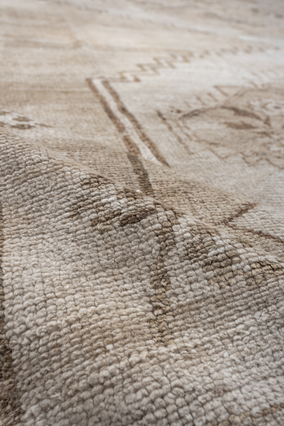 9' x 11' one-of-a-kind handmade antique Kars large size rug. Color palette: ivory, beige, taupe, camel, sand, gray