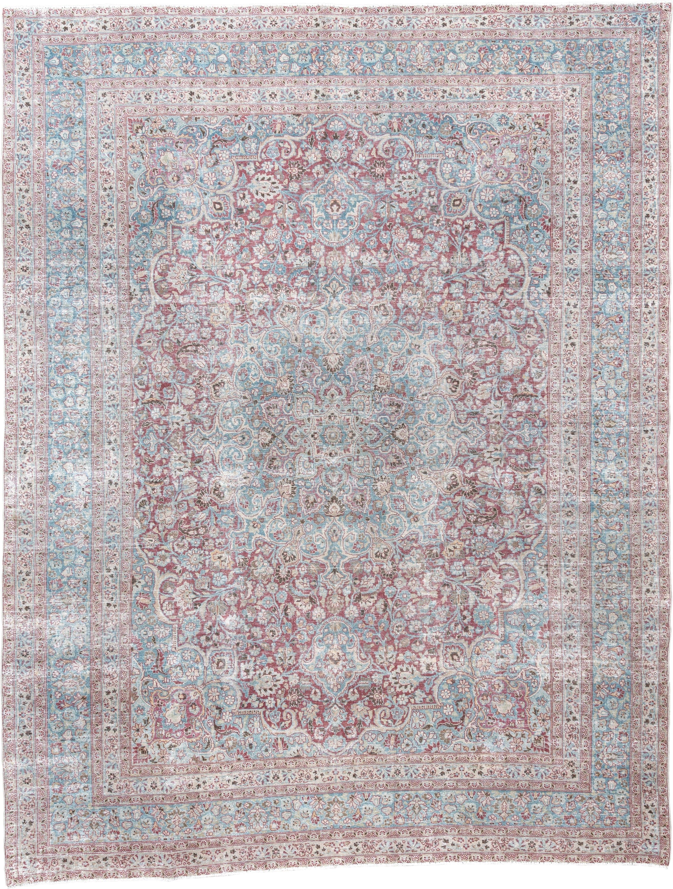 12' x 9' one-of-a-kind handmade vintage Khorassan rug. Color palette: sky blue, rose, ivory, dusty pink, taupe, soft aqua