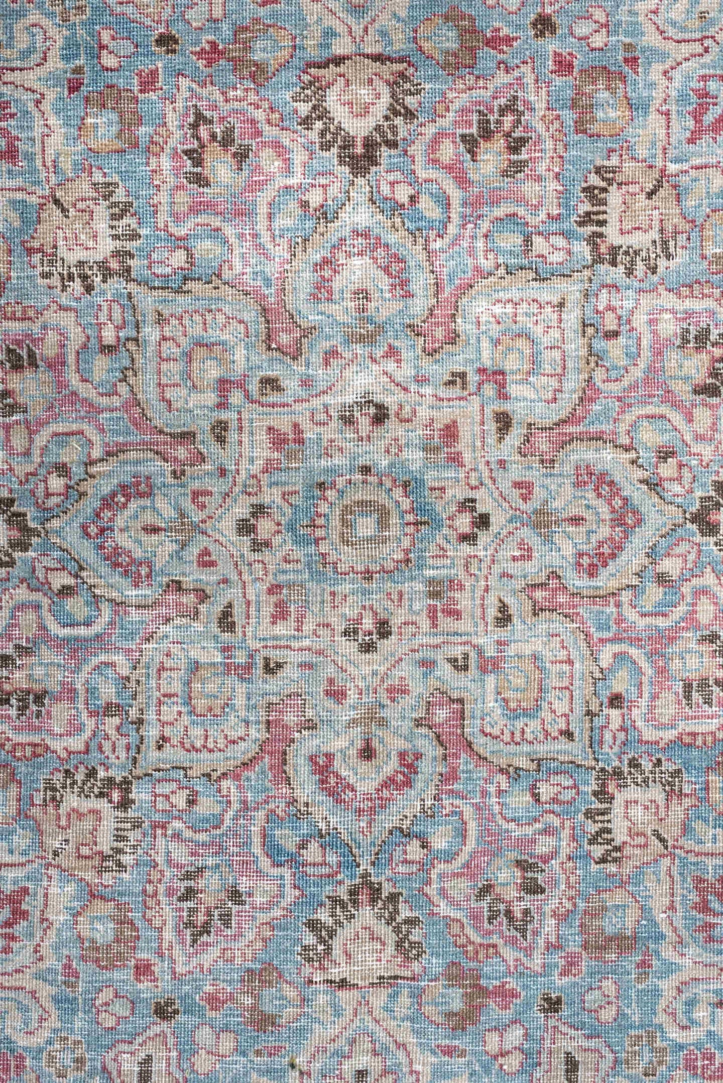 12' x 9' one-of-a-kind handmade vintage Khorassan rug. Color palette: sky blue, rose, ivory, dusty pink, taupe, soft aqua