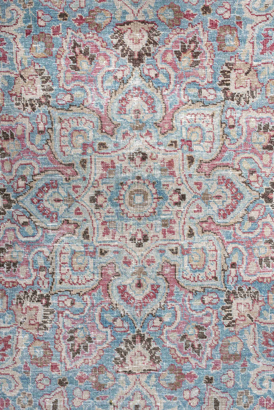 12' x 9' one-of-a-kind handmade vintage Khorassan rug. Color palette: sky blue, rose, ivory, dusty pink, taupe, soft aqua