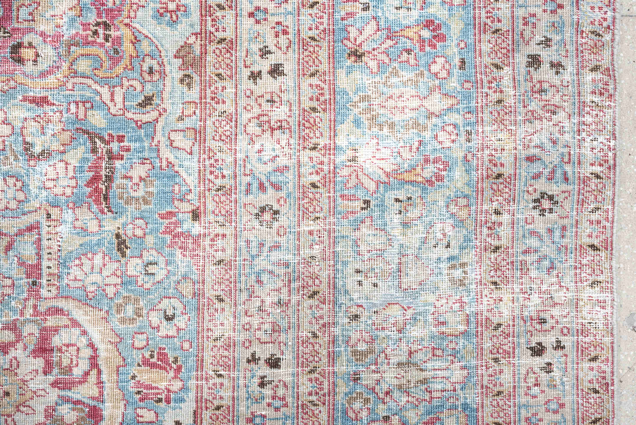 12' x 9' one-of-a-kind handmade vintage Khorassan rug. Color palette: sky blue, rose, ivory, dusty pink, taupe, soft aqua