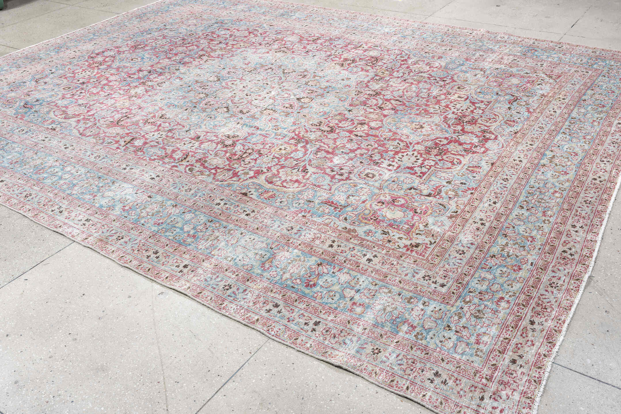 12' x 9' one-of-a-kind handmade vintage Khorassan rug. Color palette: sky blue, rose, ivory, dusty pink, taupe, soft aqua