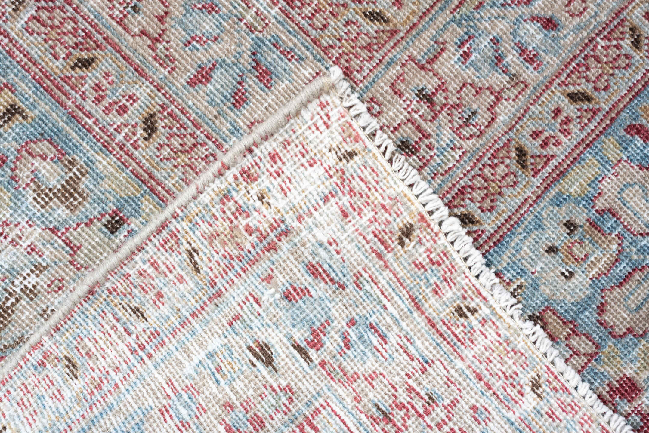 12' x 9' one-of-a-kind handmade vintage Khorassan rug. Color palette: sky blue, rose, ivory, dusty pink, taupe, soft aqua