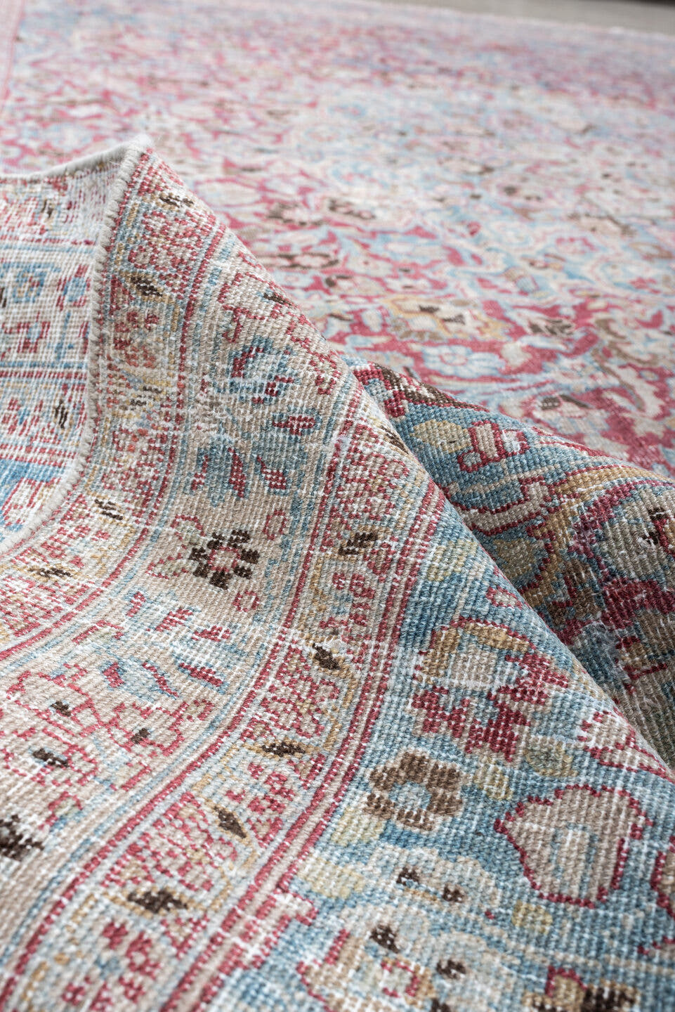 12' x 9' one-of-a-kind handmade vintage Khorassan rug. Color palette: sky blue, rose, ivory, dusty pink, taupe, soft aqua